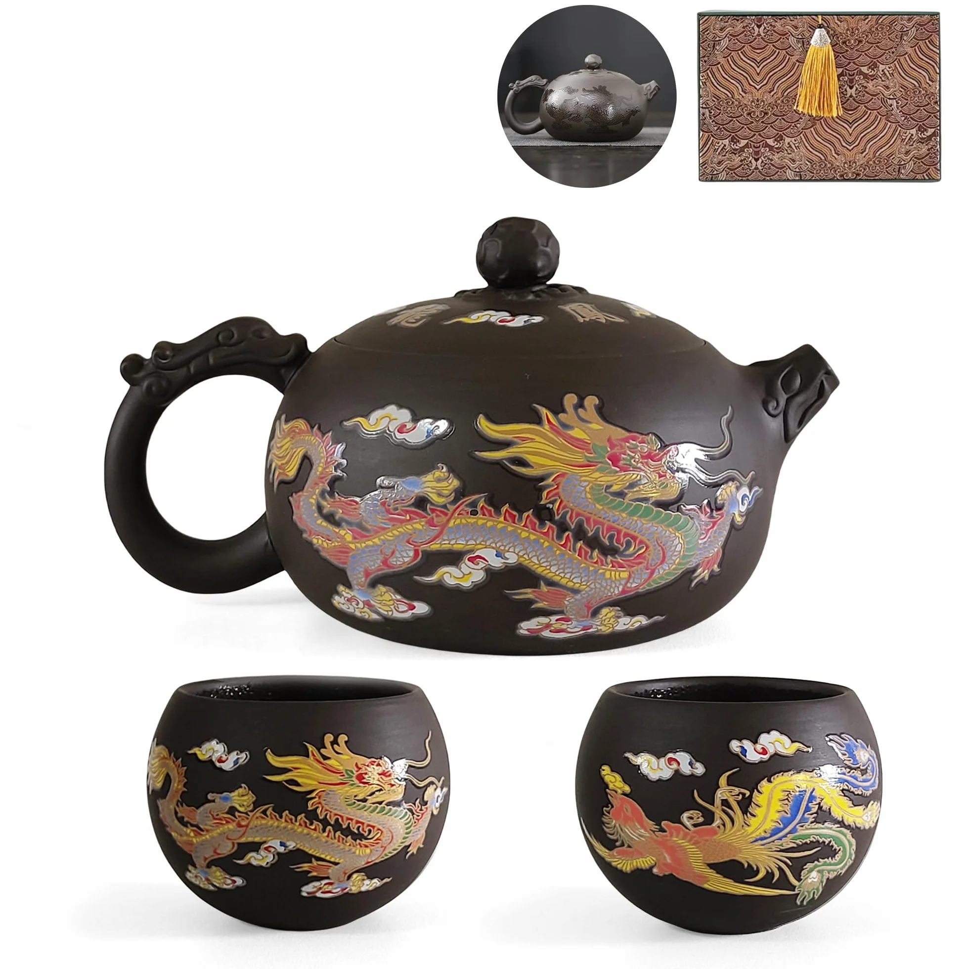 Yixing Zisha Teekanne Set 450ML, Chinesische Farbwechselnde Teekannen Ton mit Geschenkbox, Groß Kung Fu Lila Teeset Handgefertigte, Drache und Phönix