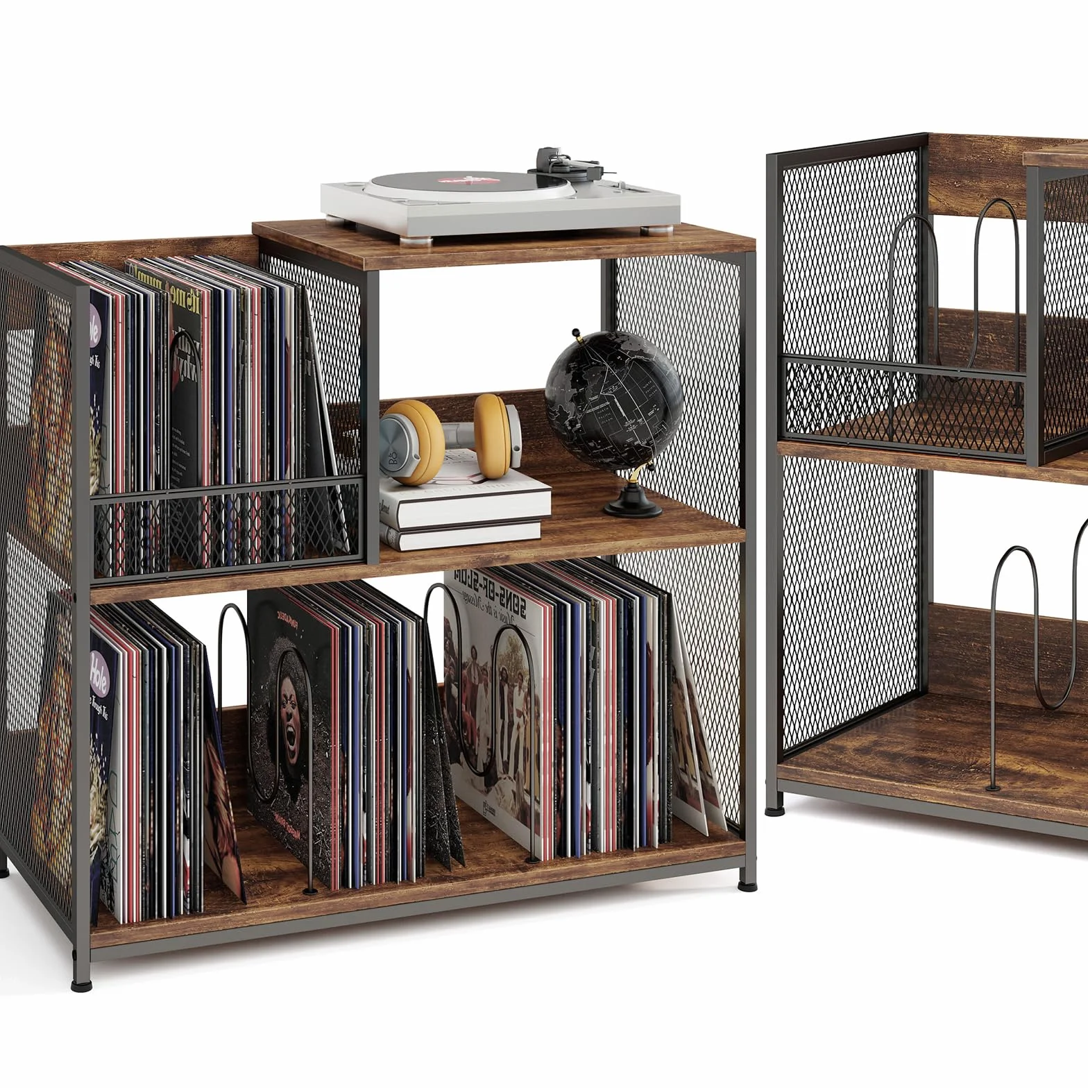 KOMFOTTEU Vinyl-Plattenspielerständer für bis zu 300 Alben, 3-stöckige Schallplatten-Display mit 3 abnehmbaren Trennwänden, Plattenspieler aus Holz und Metall (Braun)