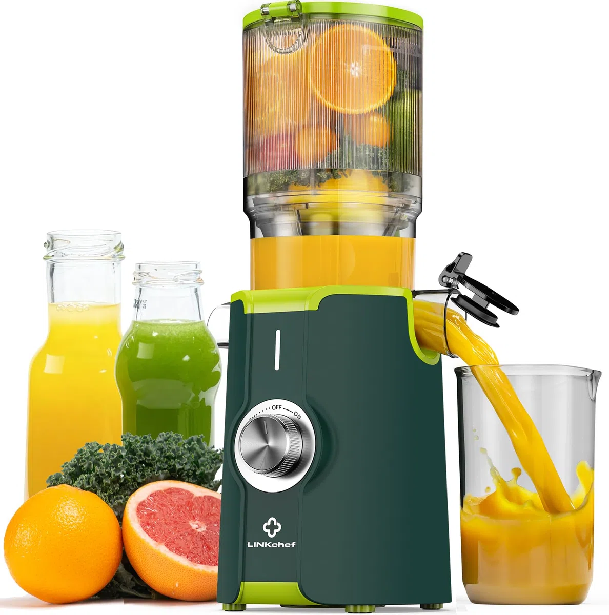 LINKChef Entsafter Slow Juicer, 115 mm Große Einfüllöffnung für Entsafter Gemüse und Obst Testsieger, Kaltentsafter 200W, BPA-frei, Einfach zu Reinigen und Montieren, Grün