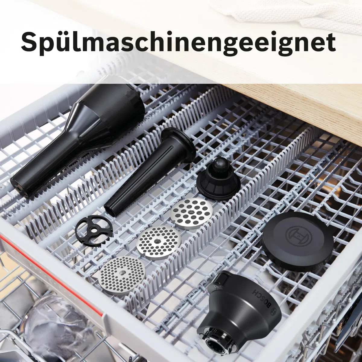 Bosch Zubehör-Set MUZS6HA, passend für Küchenmaschine Serie 6, Fleischwolf, Lochscheibe 8 mm, Lochscheibe 3 mm, Wurstfüller-Aufsatz, Kebbe-Aufsatz, Adapter