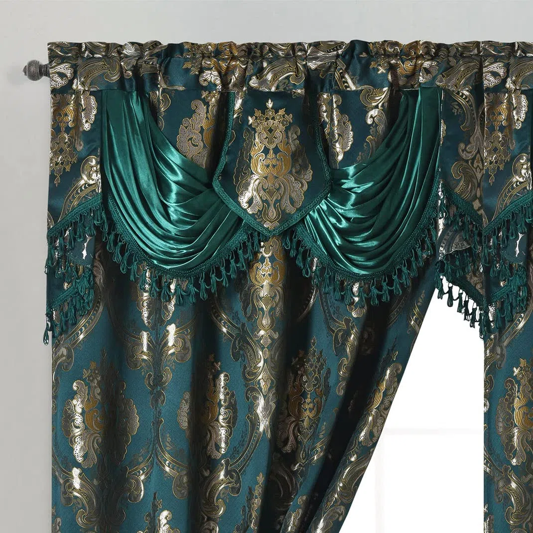 GOHD Luxe Love Jacquard-Fenstervorhang mit angenähtem ausgefallenem Volant, 2-teiliges Set (Huntergrün, 137,2 cm breit x 213,4 cm lang, mit 45,7 cm Volant, 2 Stück)