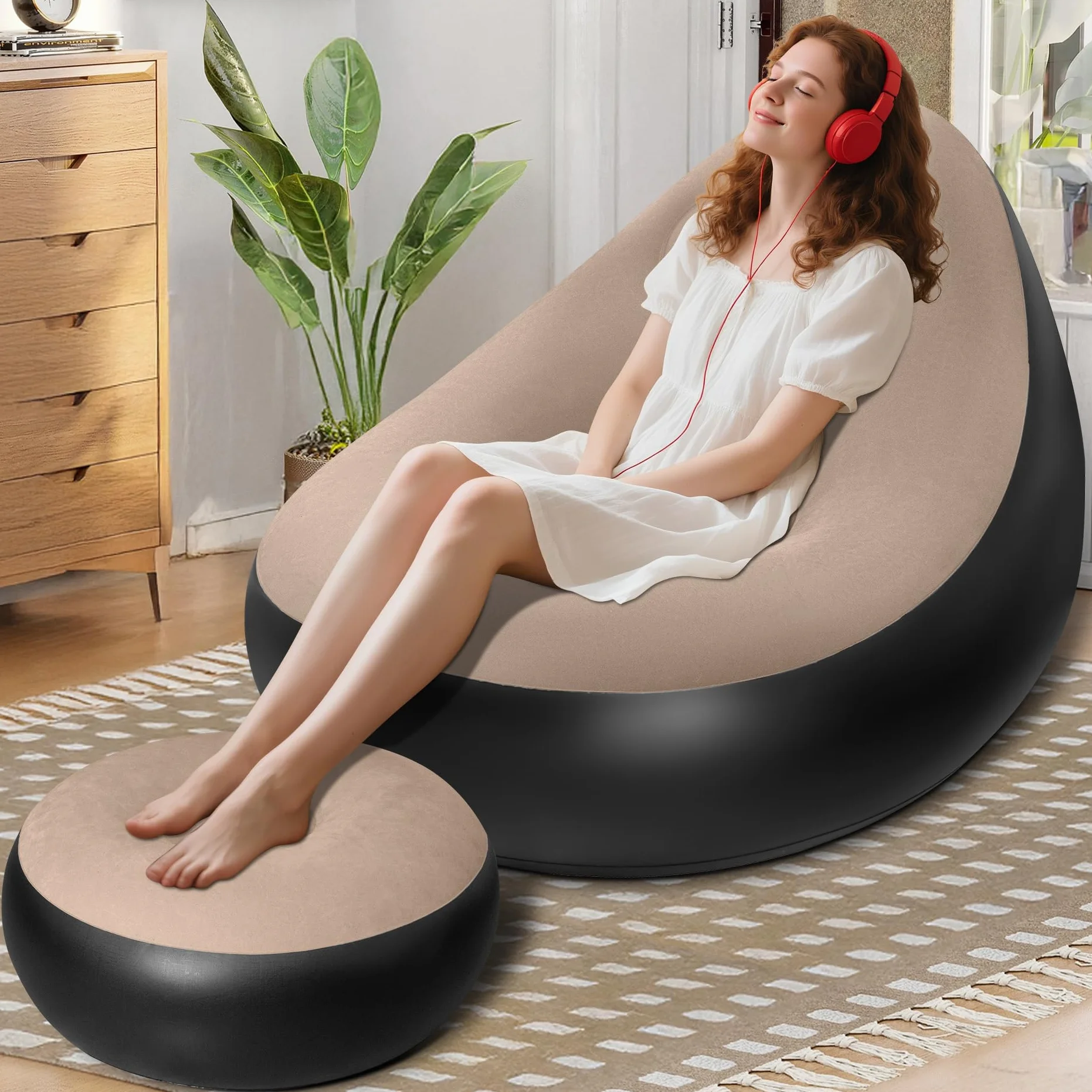 AearKing Aufblasbares Sofa mit Fußhocker, Aufblasbarer Sessel, Wasserdichtes Luftsofa Aufblasbares, Sessel, Sofa und Couch mit Beflockter Oberfläche für Wohnzimmer, Couch Aufblasbar Outdoor Camping