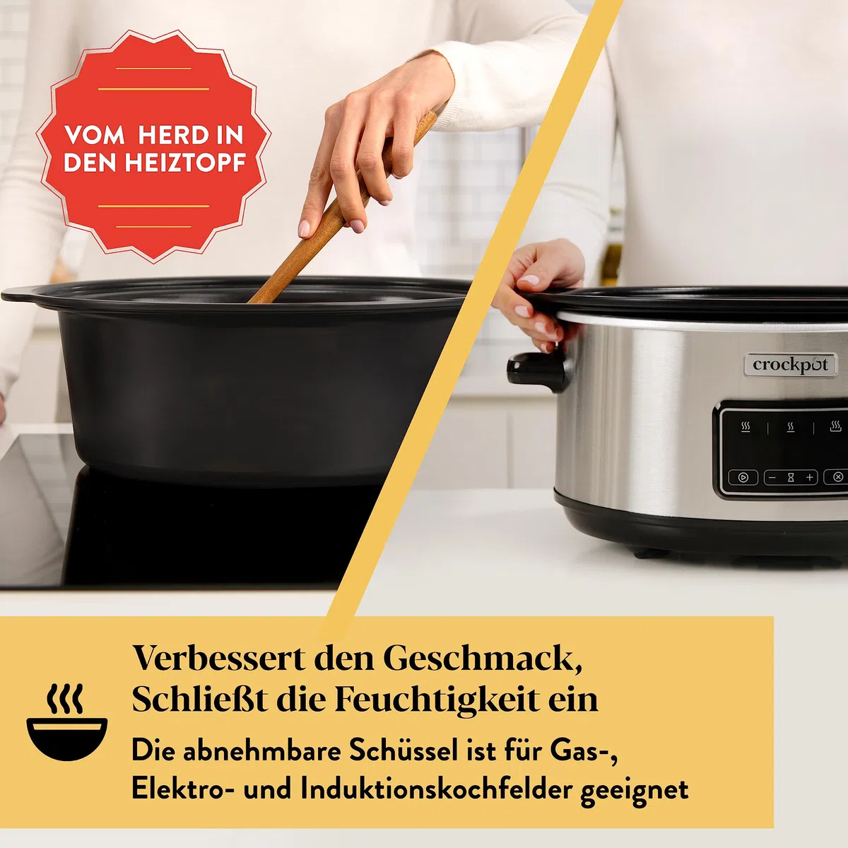 Crockpot Sizzle & Stew Digital Slow Cooker | 6,5 L (8+ Personen) | Abnehmbare induktionsgeeignete Schüssel für Fleisch und Gemüse | EU 2 Pin Stecker | Edelstahl [CSC112X]