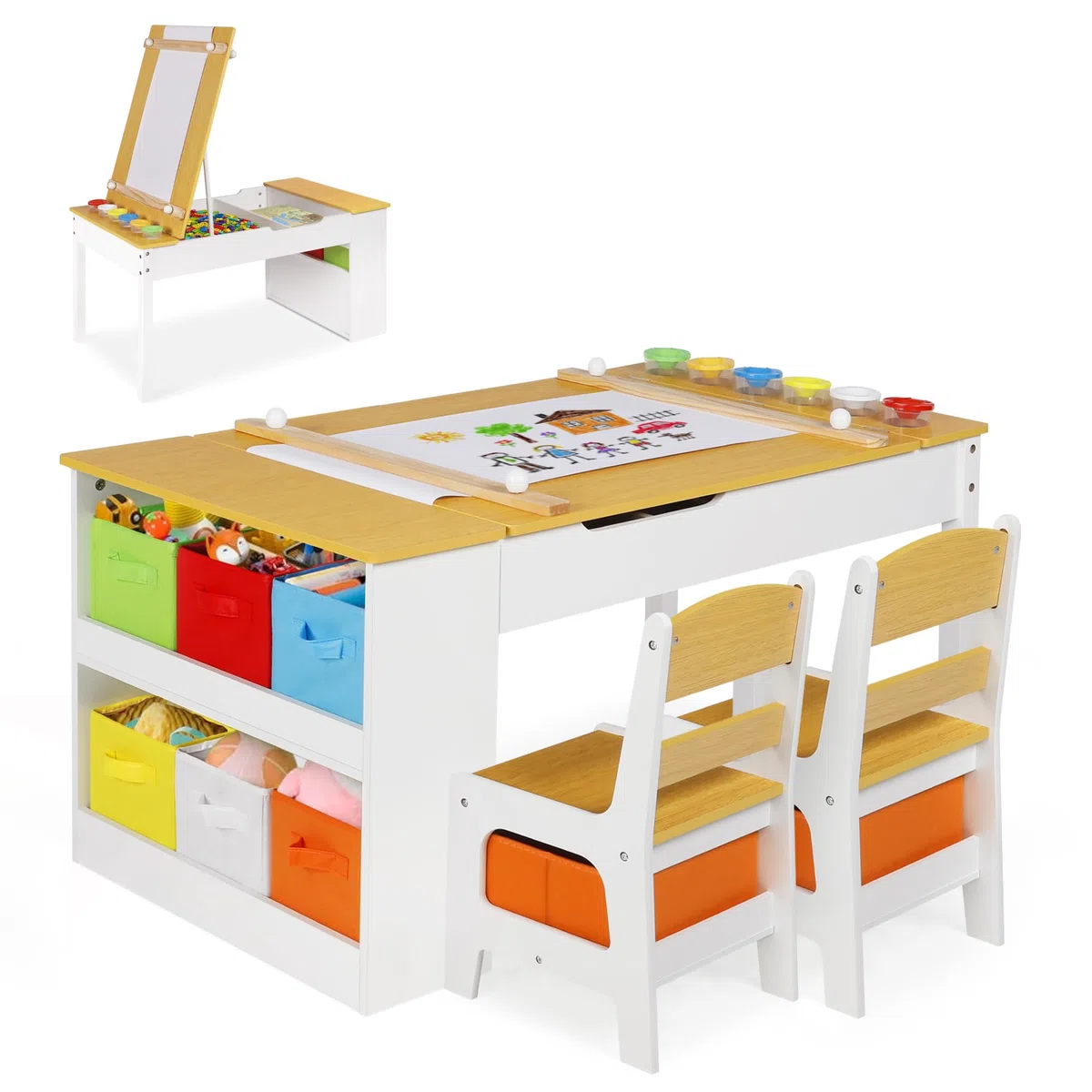 ROCSUMOO Kinder-Kunsttisch-Set mit 2 Stühlen - Holzerner Aktivitätstisch für Kleinkinder mit Verstellbarer Tischplatte, Farbpigment-Eimer und 8 Stoff-Aufbewahrungsboxen (Natürlich)