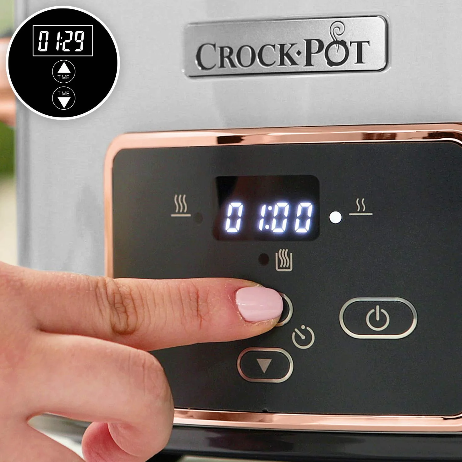 Crock-Pot Digital-Schongarer Slow Cooker mit Scharnierdeckel | einstellbare Garzeit | 3,5 Liter (3-4 Personen) | Silber & Roségold [CSC059X]