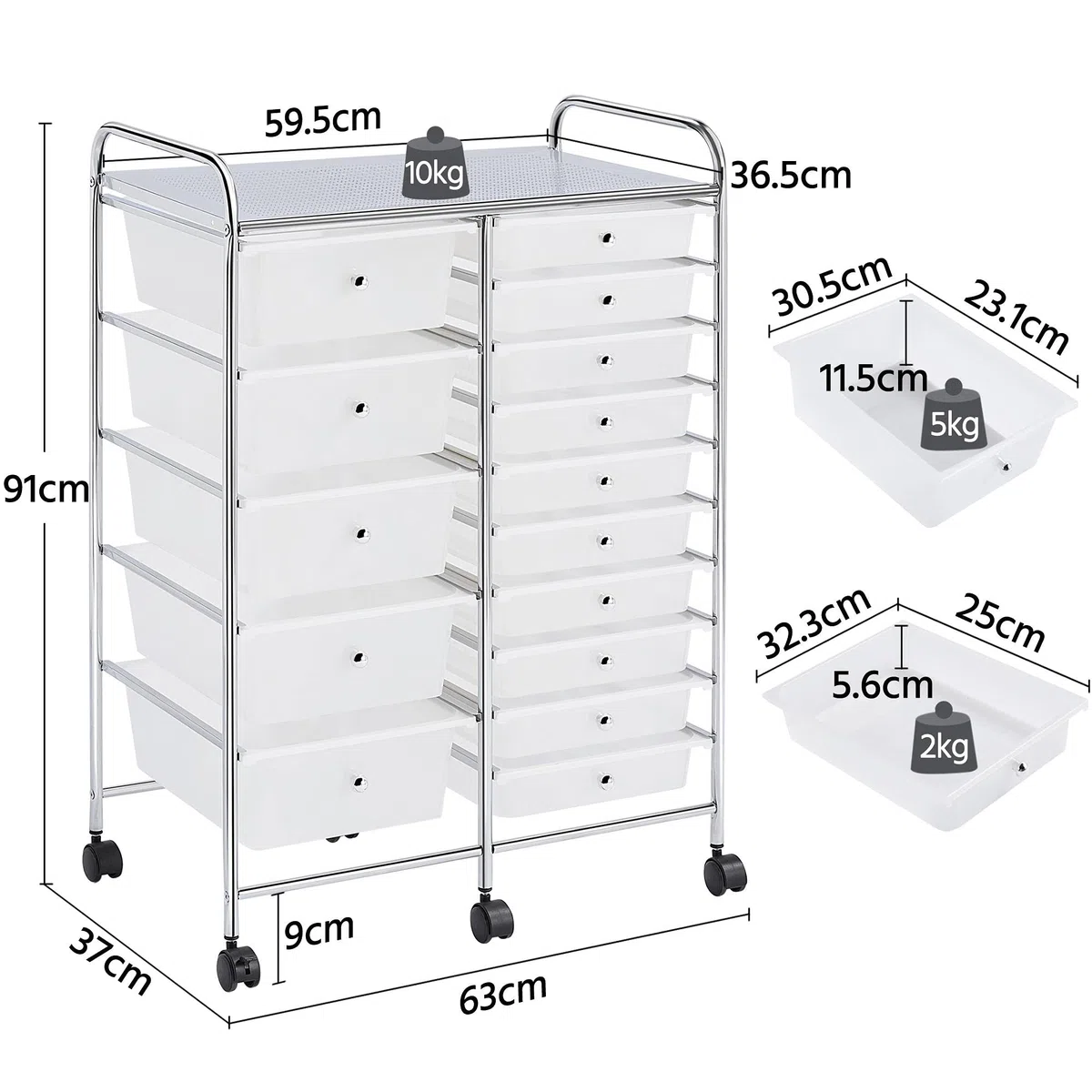 Yaheetech Rollwagen Badrollwagen mit 15 stapelbaren Schubladen, Rollcontainer Metallgestell, Haushaltswagen mit Bremsen, Aufbewahrungswagen rollbar, 62,5 × 36 × 91 cm