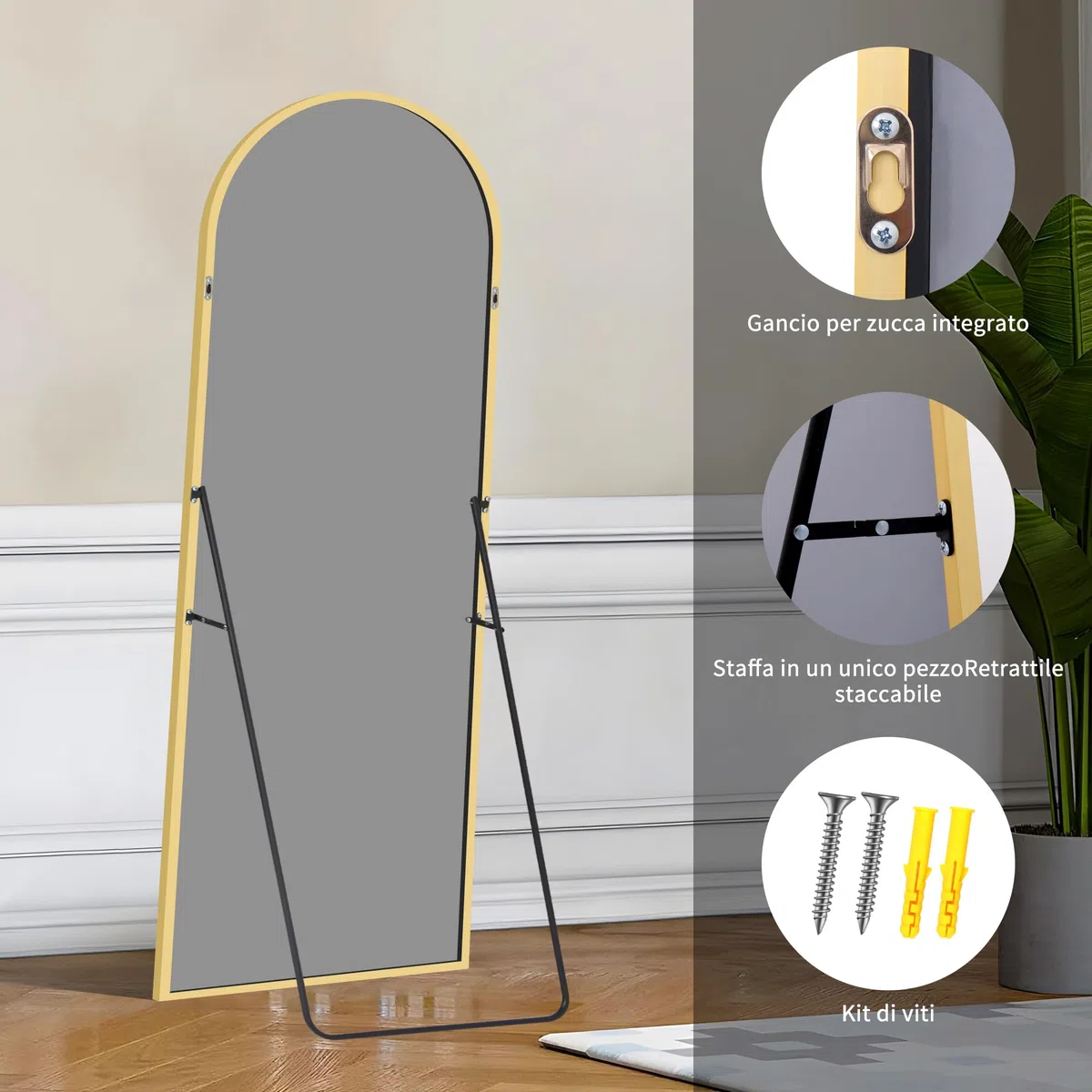 KOCUUY Bogen Standspiegel, 165 x 60 cm Großer Gewölbter Ganzkörperspiegel, Groß Wandspiegel mit Gold Aluminium Rahmen, Hängend, Stehend, Kippbar, für Wohnzimmer, Schlafzimmer und Flure