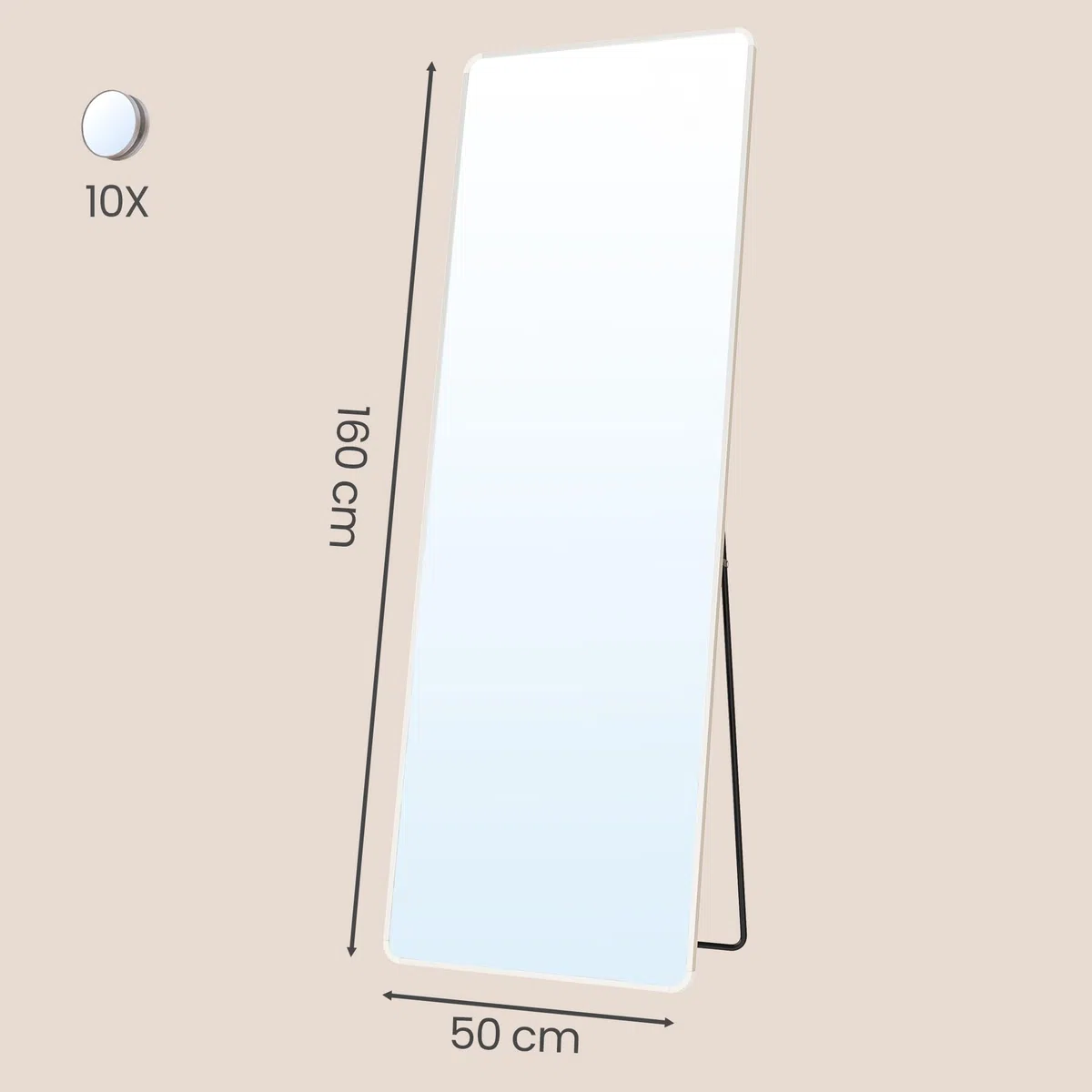 SONGMICS Ganzkörperspiegel, 160 x 50 cm, rechteckiger Standspiegel, mit Vergrößerungsspiegel, Rahmen aus Aluminiumlegierung, Hartglas, für Schlafzimmer, Wohnzimmer, Garderobe, mattweiß LFM030WC02