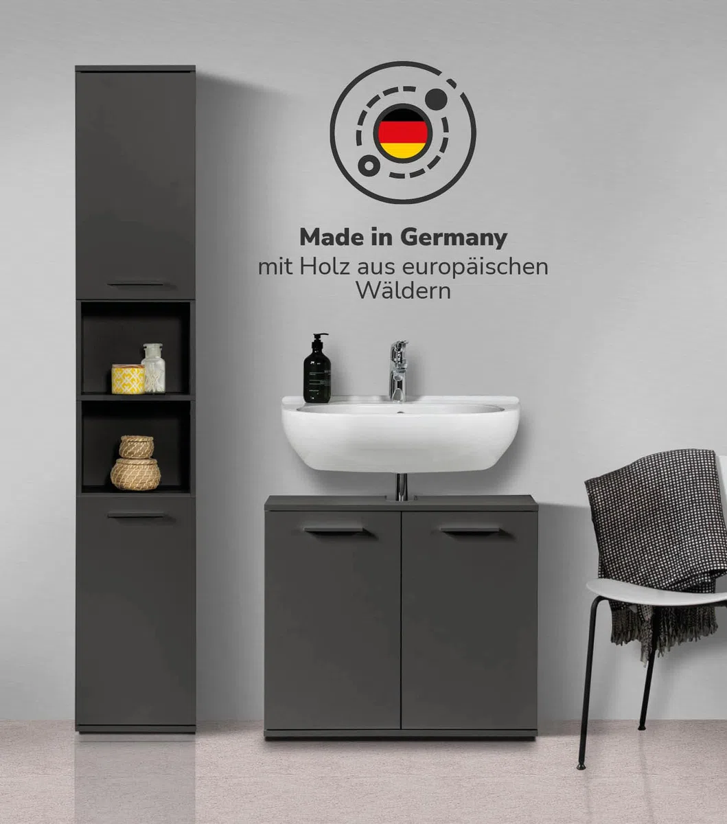 mokebo Badmöbel Set 'Der Steuermann' (2-teilig) Made in Germany, Badezimmer Set aus Holz in Anthrazit-Schwarz, Komplettset mit Waschbeckenunterschrank & Hochschrank, Badmöbel Garnitur