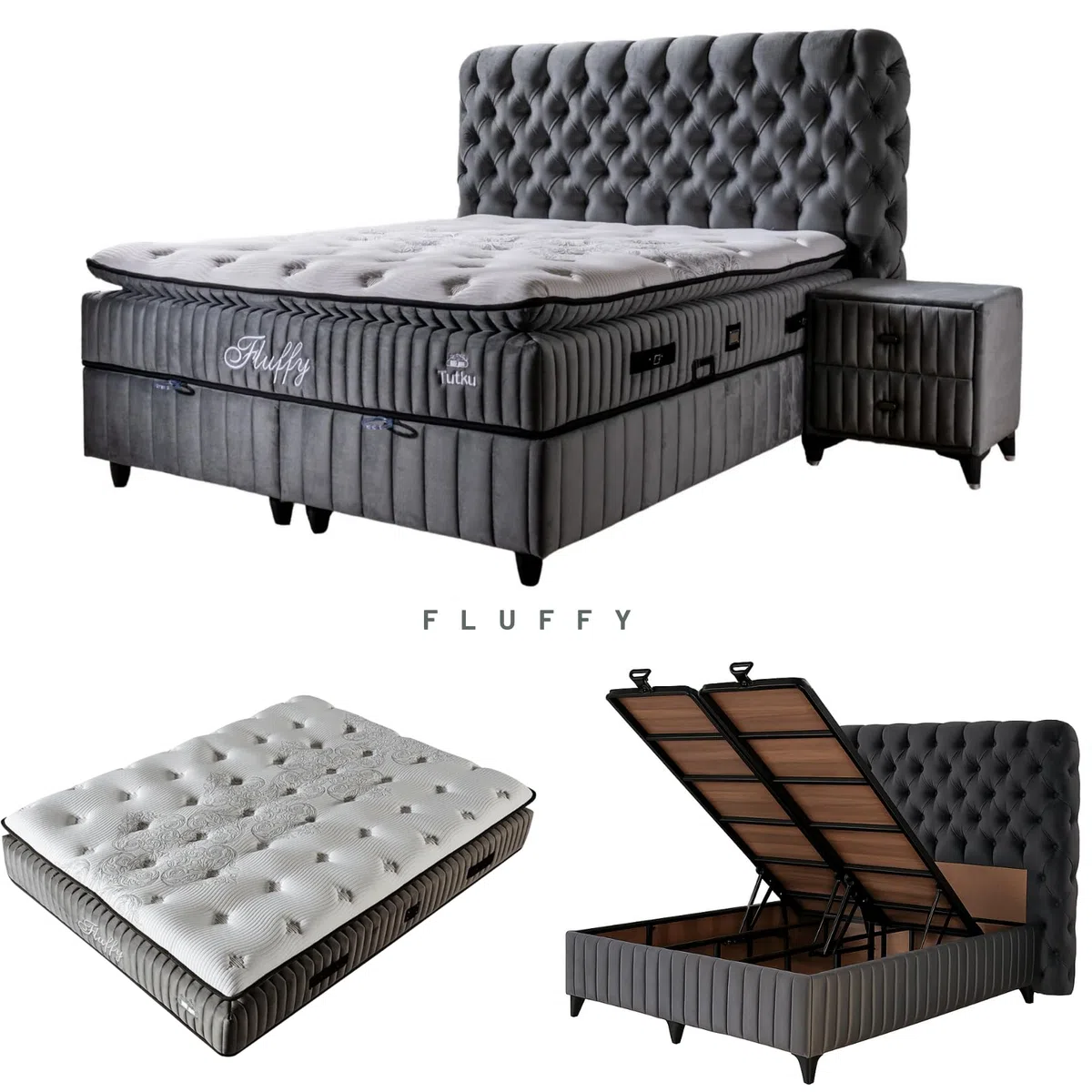 Fluffy Boxspringbett 180x200 cm mit Matratze & Bettkasten | Bett mit Stauraum - Komplettset mit 7-Zonen Orthopädischer Matratze mit Topper – Allergenfrei, Atmungsaktiv | Liegehöhe 67 cm (Grau)