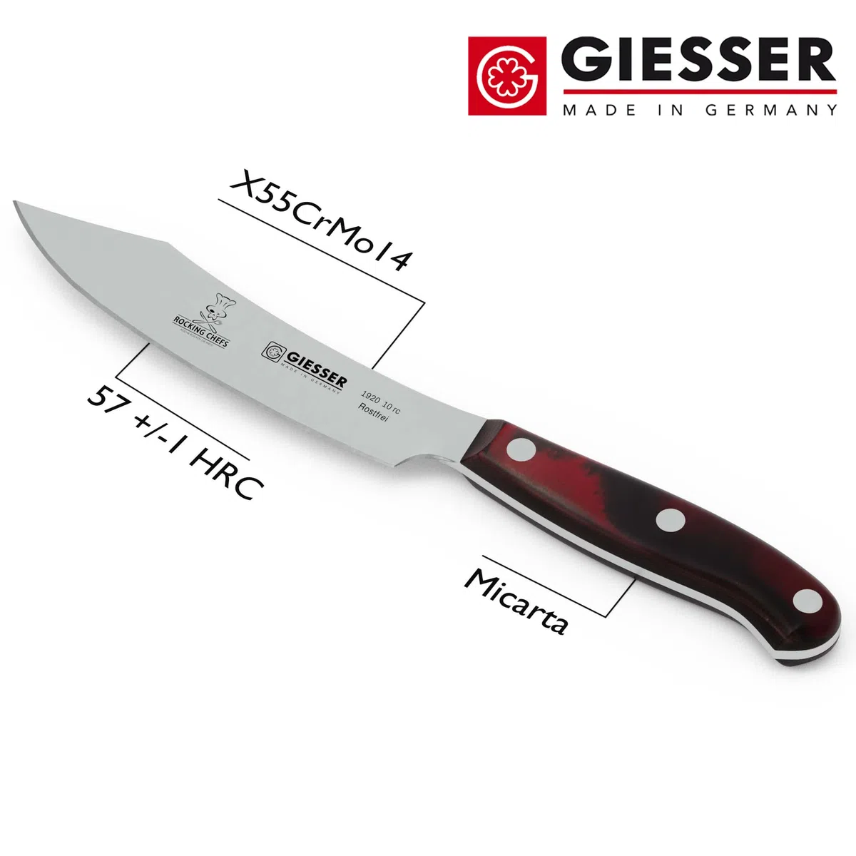 Giesser seit 1776 - Made in Germany - Spickmesser 10 cm Rocking Chefs, PremiumCut Office No 1, Officemesser, Micarta, rot, genietet, rostfrei, deutsches Grillmesser scharf