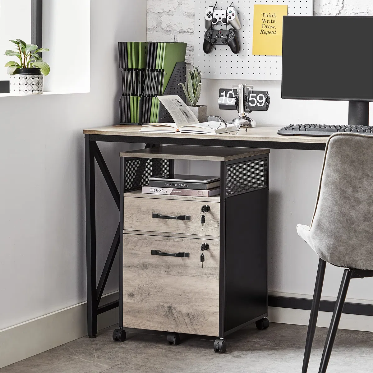 VASAGLE Rollcontainer, Aktenschrank mit 2 Schubladen, mobiler Büroschrank mit Rädern, offenes Fach, Hängeregistratur, Stahlgestell, Industrie-Design, greige meliert-tintenschwarz OFC077B02