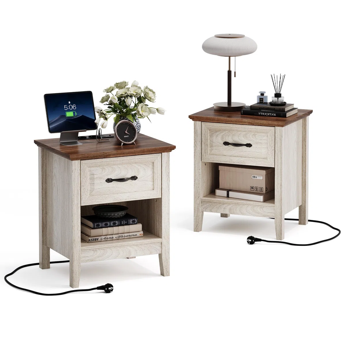 LINSY HOME Nachttisch 2er Set, Farmhouse Holz Nachttisch mit Open Storage Regal, Nachttische mit Steckdose, Beistelltisch Endtisch für Schlafzimmer Wohnzimmer Sofa Couch Büro 48 x 40 x 53 cm, Beige