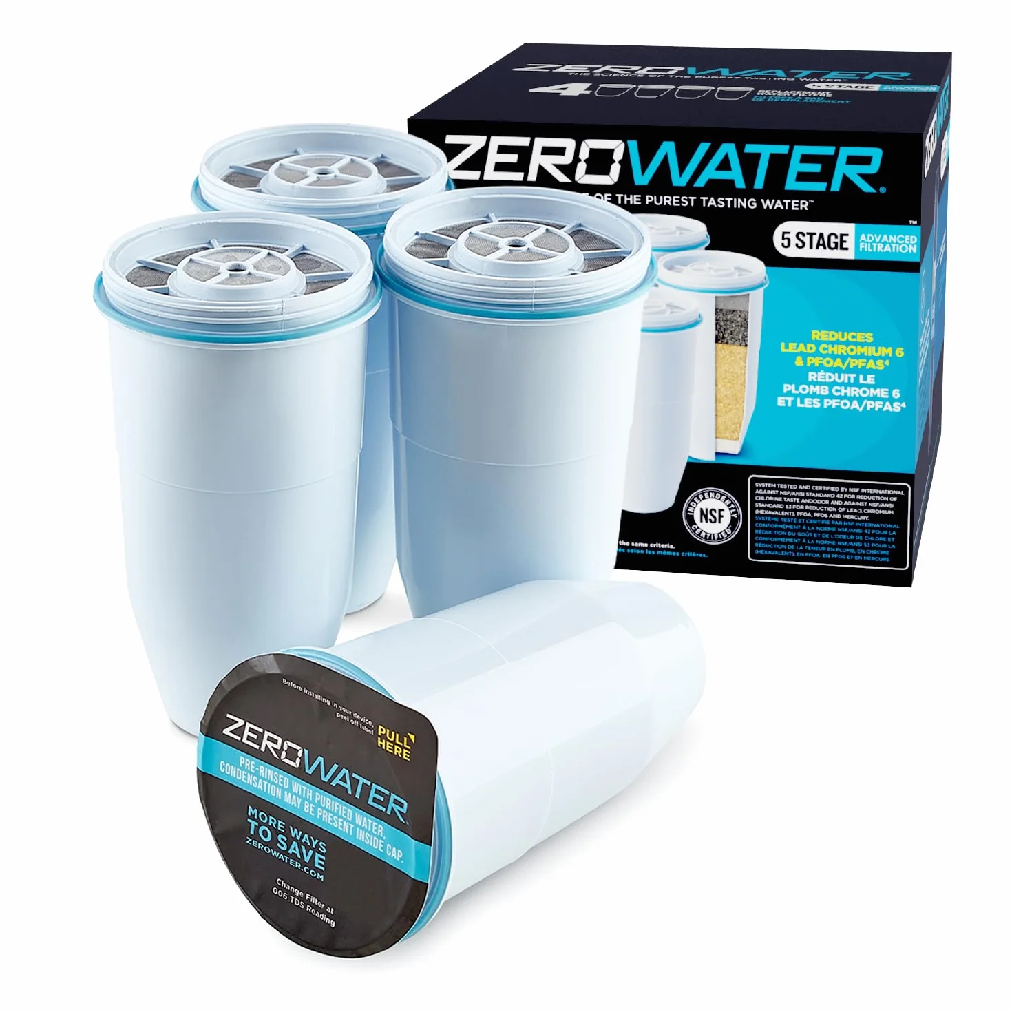 Zerowater 5-Stufiger Wasserfilter Ersatz, Wasseraufbereiter Trinkwasser - NSF-Zertifiziert zur Reduzierung von Blei, Anderen Schwermetallen und PFOA/PFOS - Wasserfilter Kartuschen 4er-Pack, Weiß