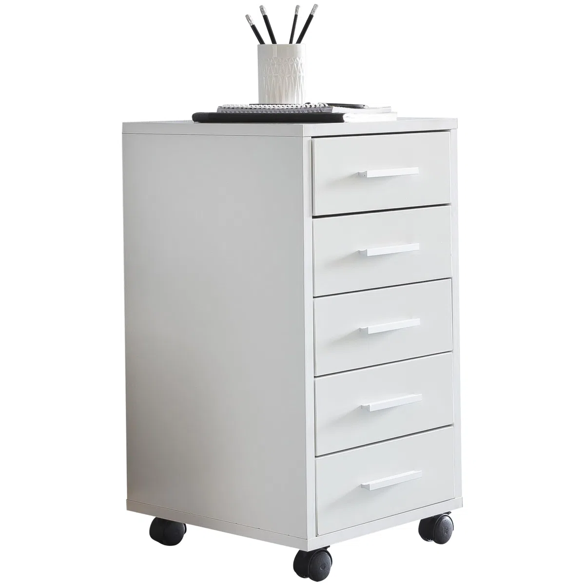 FineBuy Rollcontainer Weiß 33 x 63 x 38 cm Holz Schubladenschrank Schreibtisch, Büro Schrank mit 5 Schubladen, Container Rollschrank klein Standcontainer schmal, Schreibtischcontainer mit Rollen