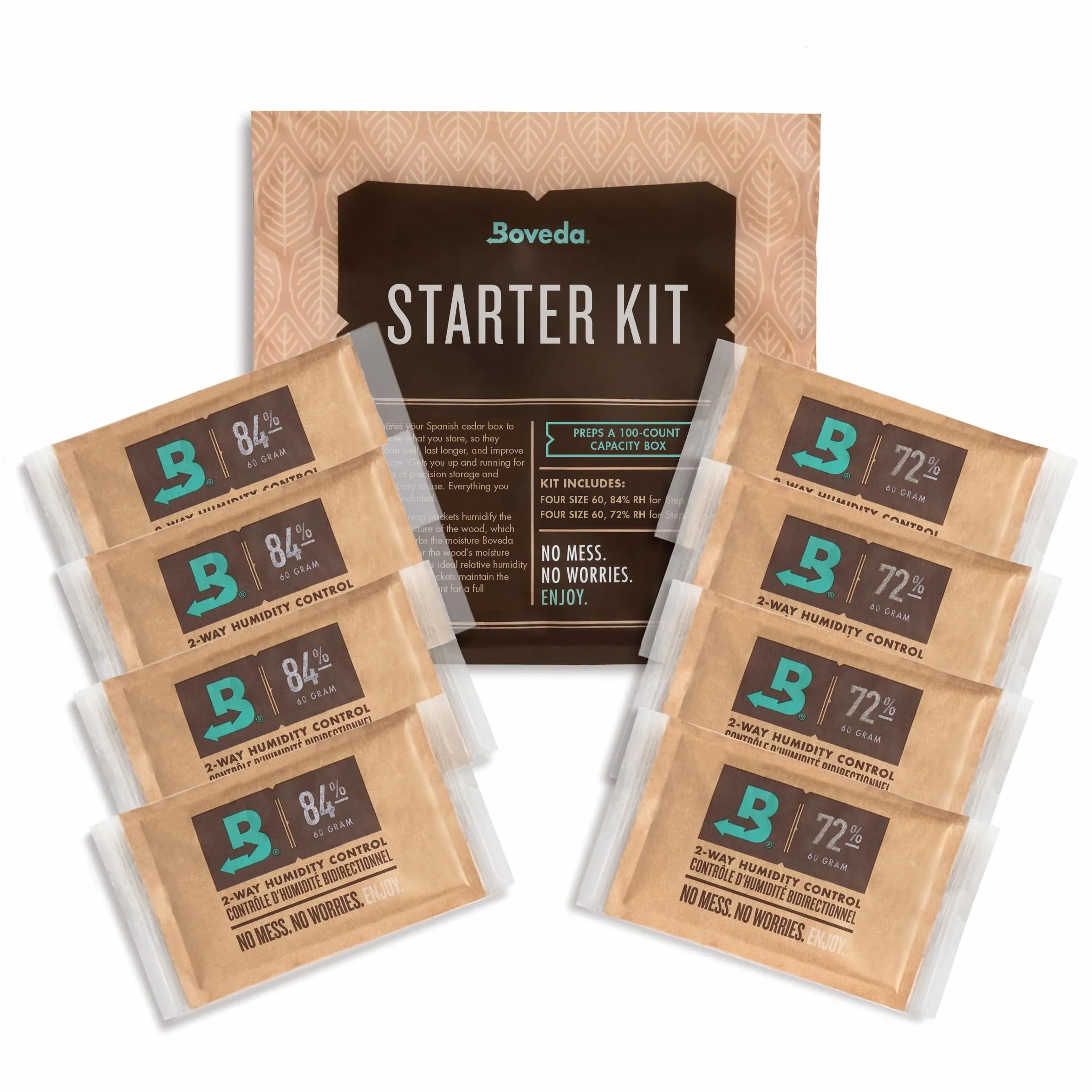 Boveda Humidor-Starter-Set für Zigarren, 100 Stück: Season a Wood Zigarren Humidor Plus erhält Luftfeuchtigkeit mit 2-Wege-Feuchtigkeitskontrolle, inklusive (4) je Größe 60, Boveda 84% RH und 72% RH