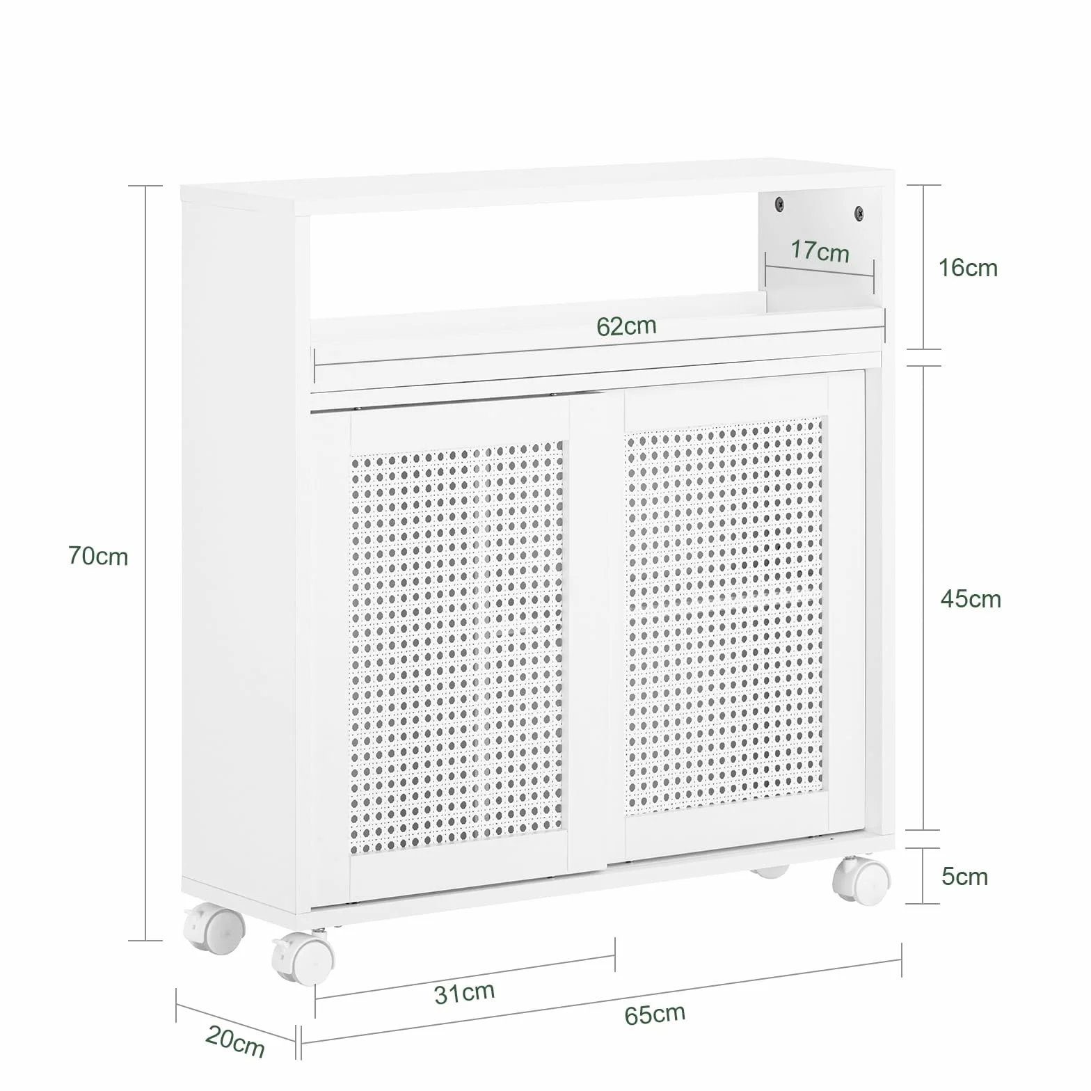 SoBuy schmaler Badezimmerschrank mit Rollen – Nischenschrank 20cm – Badschrank zur Aufbewahrung von Toilettenpapier – Badmöbel aus Holz mit höhenverstellbaren Einlegeböden, Weiß, 20x70x65cm, BZR119-W