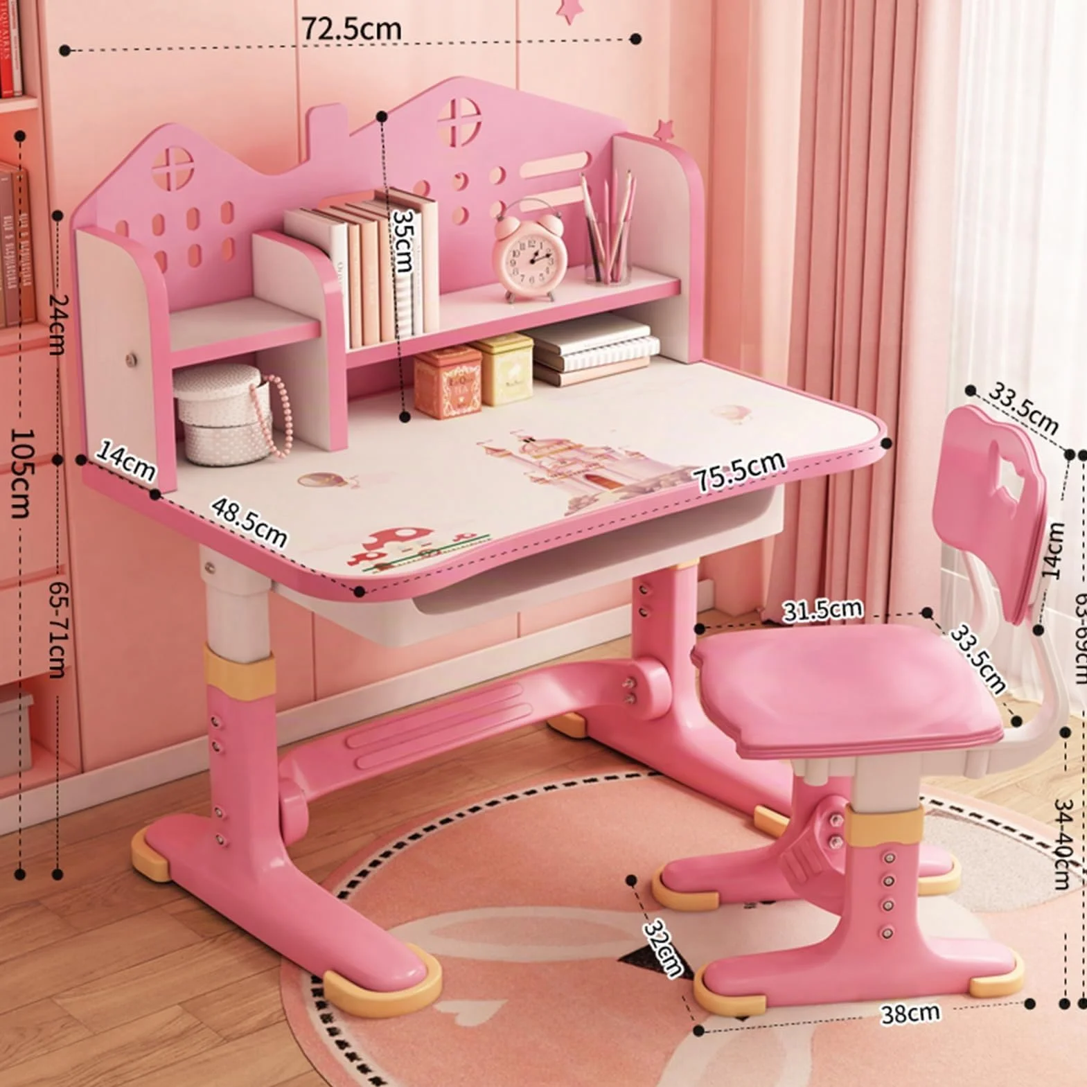Kinderstühle und -tische, höhenverstellbar, Rosa, Heimschule, Schreibtisch mit Schubladen und Ablagefächern, Lesen/Lernen/Schreiben