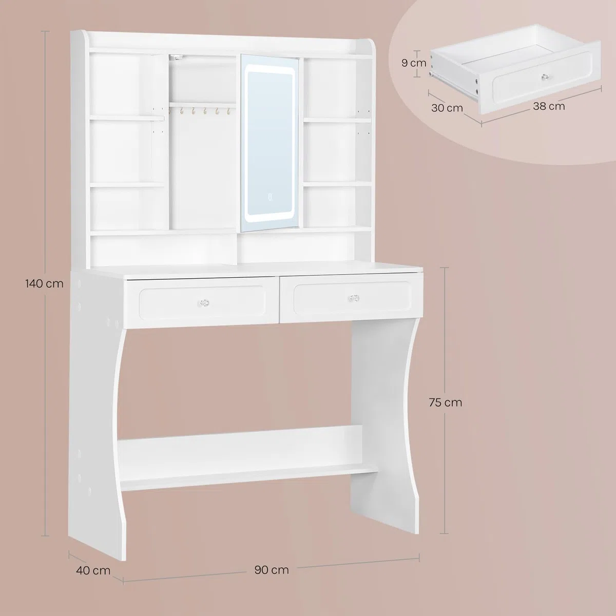WOLTU Schminktisch mit Spiegel und Beleuchtung, 3 Lichtfarben, Frisiertisch mit offenen Ablagen & 2 Schubladen & 10 Haken hinter dem Spiegel, modern für Schlafzimmer, Weiß