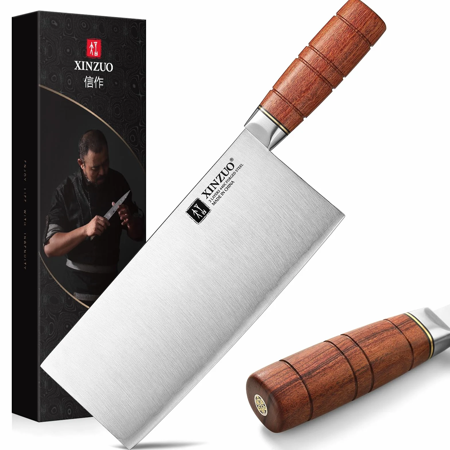 XINZUO 20,5cm Chinesisches Kochmesser 3 Schichten Verbundstahl Küchenmesser- Multifunktions Chefmesser Scharfes Edelstahl Profi Hackmesser -Ergonomischer Griff aus Red Wood -mit Geschenkbox