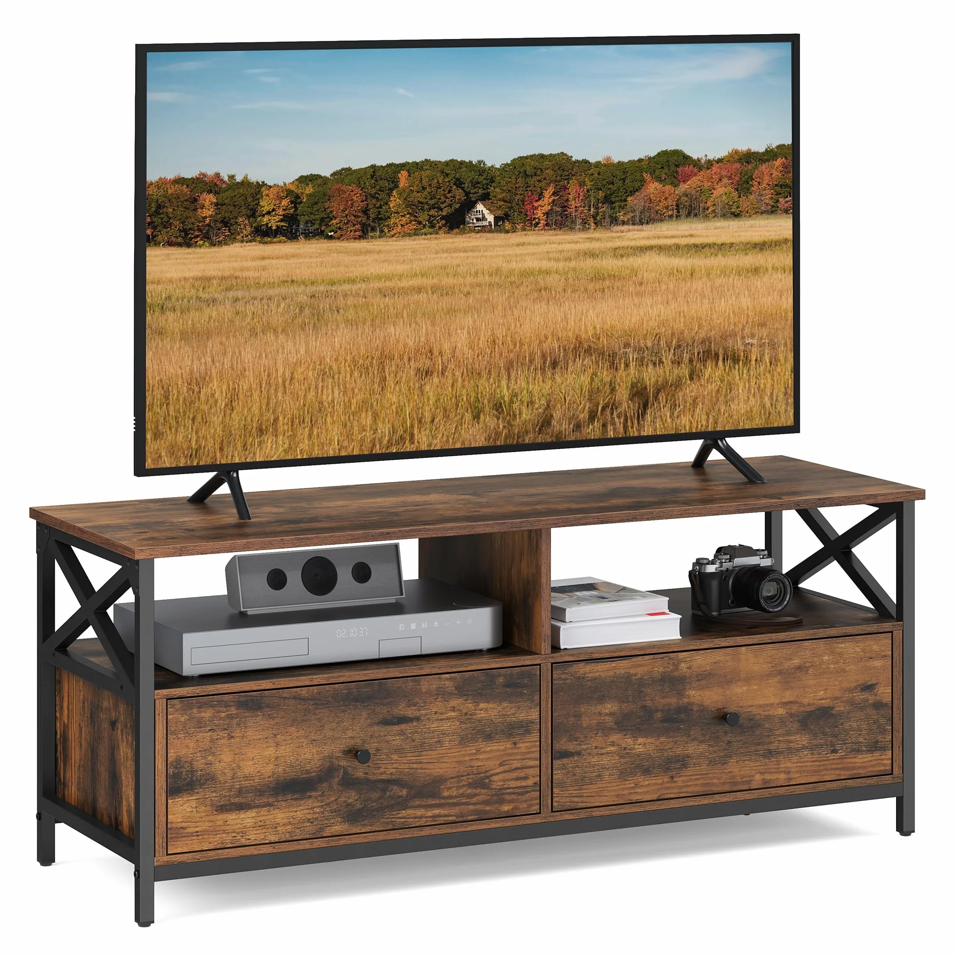 VASAGLE TV-Schrank, Lowboard für Fernseher bis zu 55 Zoll, 120 cm lang, Fernsehtisch mit 2 Schubladen, 2 offenen Fächern, 40 x 120 x 50 cm, Wohnzimmer, Stahlgestell, vintagebraun-schwarz LTV300B01