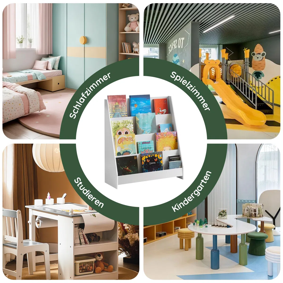 SoBuy Bücherregal Kinder Montessori Kinderregal mit 4 Ablagefächern Regal Kinderzimmer Spielzeug Aufbewahrung Büchergestell Hängefächerregal Weiß 80x88x30cm KMB32-W