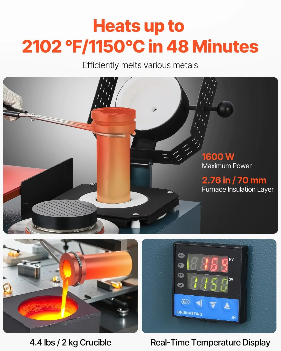 VEVOR Vakuum-Einbettgussmaschine 2 L mit Schmelzofen & praktischer Öleinspritzöffnung, Metallschmuckgusswerkzeug Vakuumgussmaschine zum Gießen von Schmuck und Schmelzen von Schrott Silber Gold Kupfer