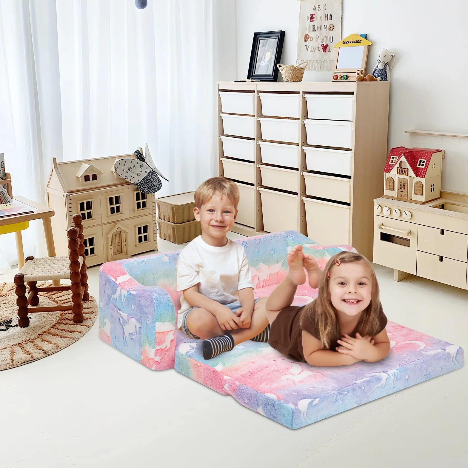 Einhorn Kindercouch ausklappbar 2-in-1, Extra Groß Kindersofa Das im Dunkeln leuchtet mit Schlaffunktion,Kindersessel für Kinder Kinderzimmer Spielzimmer