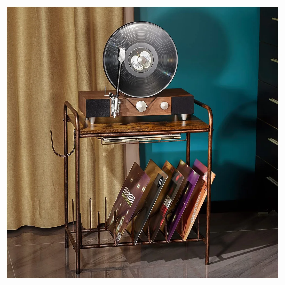 Plattenspieler-Ständer Vintage, Holz-Tisch Mit Schallplattenaufbewahrung (Bronze)