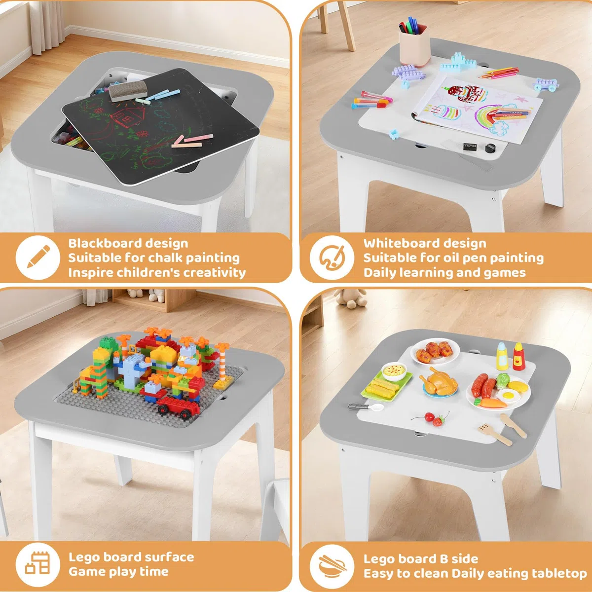Clevich Kinder Tisch Stuhl Set, Kindersitzgarnitur, Stauraum, mit 2 PCS Stühlen, Kindersitzgruppe, Doppelseitiger Maltisch & Bauplatte, Packung mit 2 Stühlen, Kindermöbel für Kinderzimmer, Grau