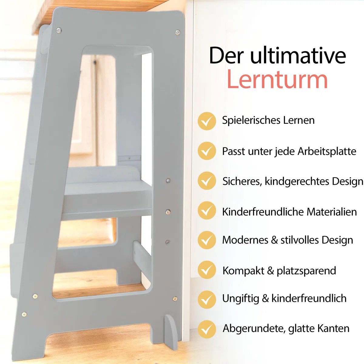 Stepup Baby Montessori Lernturm Tritthocker | Hochstuhl | Höhenverstellbar | Küchenhelfer | Sicherheitsgeländer | Für Kinder von 18 Monaten bis 5 Jahren - Grau