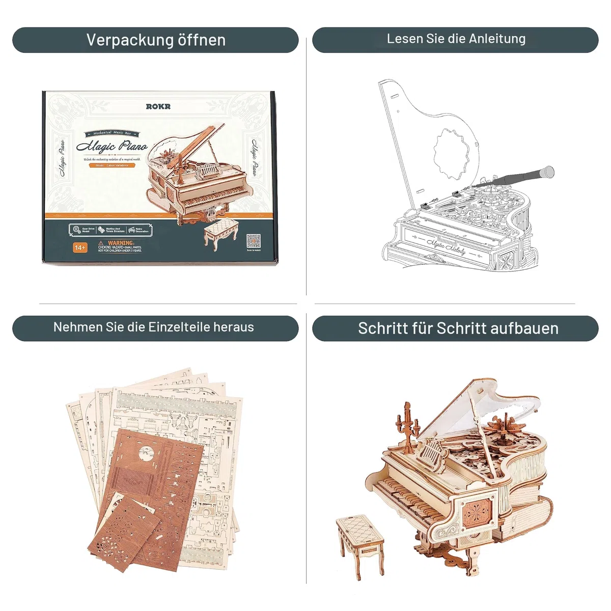 ROKR 3D Puzzle Holz Holzpuzzle Erwachsene Holzmodelle Bausätze Mechanisches Modell Bausets Spieluhr Magisches Klavier Stil Weihnachten Geburtstag Geschenke 223pcs, Magic Piano