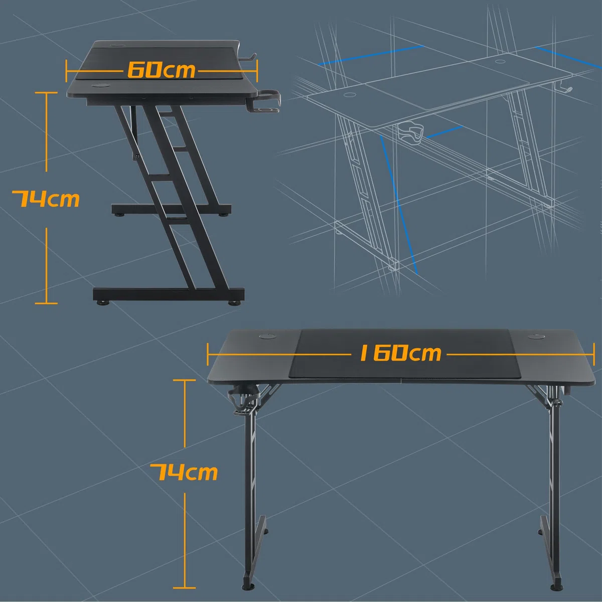 NAIZY Gaming Tisch 160x60cm Gamingtisch Schwarz Schreibtisch Kohlefaserplatte Gamer Computertisch Ergonomischer PC Tisch mit Kabelloch