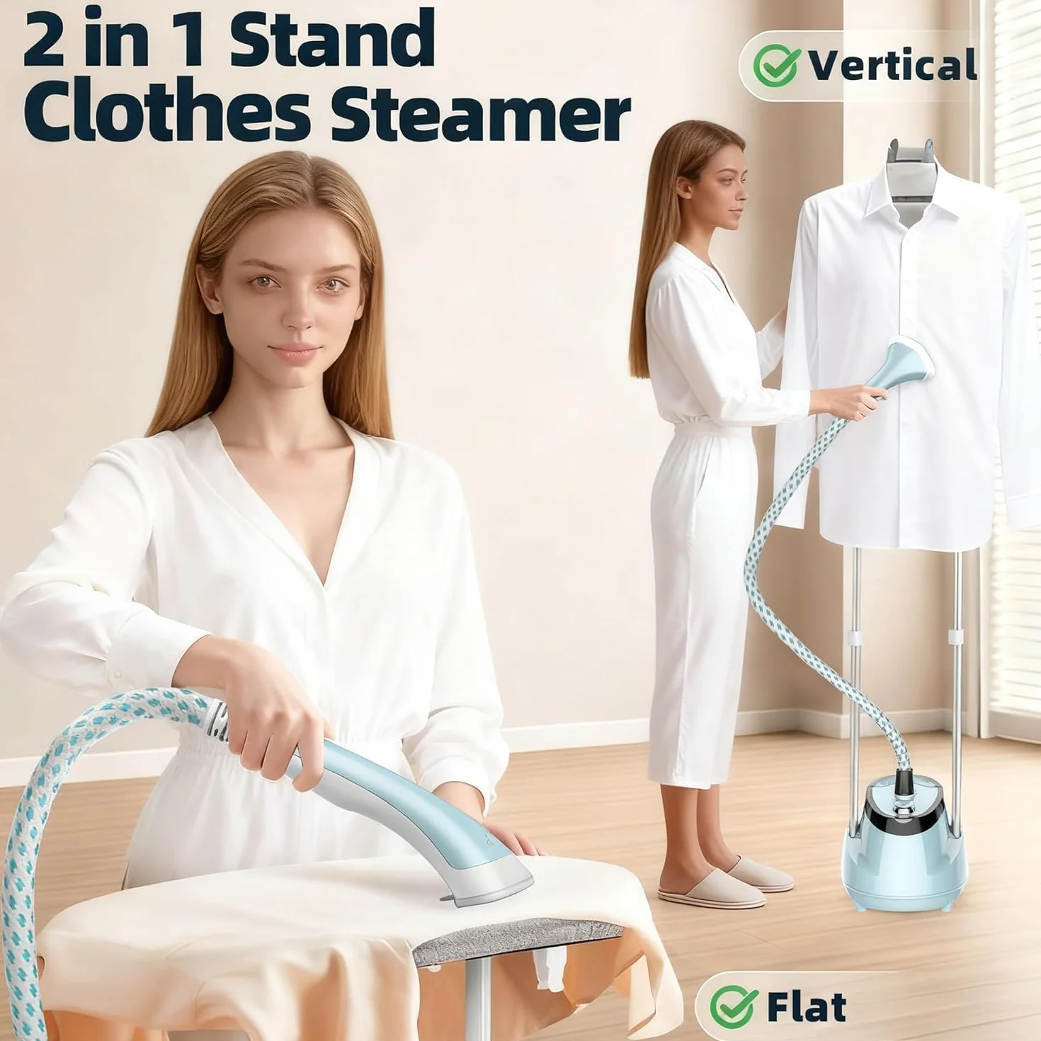 Annmiir Dampfglätter – 1800W Turbo-Kessel, 1.6-Liter-Wassertank, 1 Std kontinuierlicher Dampf, Flach- & Hängebügeln, doppelter einziehbarer Stab, 10 Modi, 30 Sek Vorheizen, für alle Stoffe