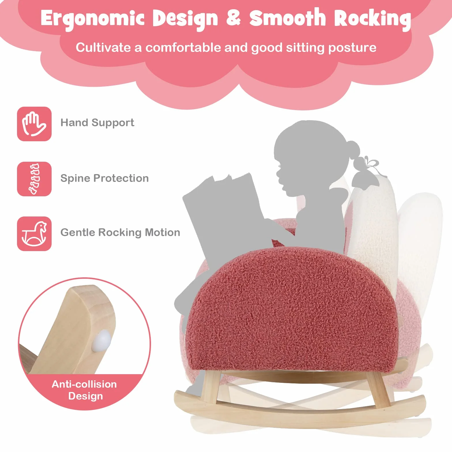 LIFEZEAL Kindersofa Schaukelstuhl, Kindersessel aus Teddy Samtmaterial & Massivholzbeinen, Mini Sofa für Mädchen & Junge, Kinderstuhl für Kleinkinder 3–5 Jahre (rosa)