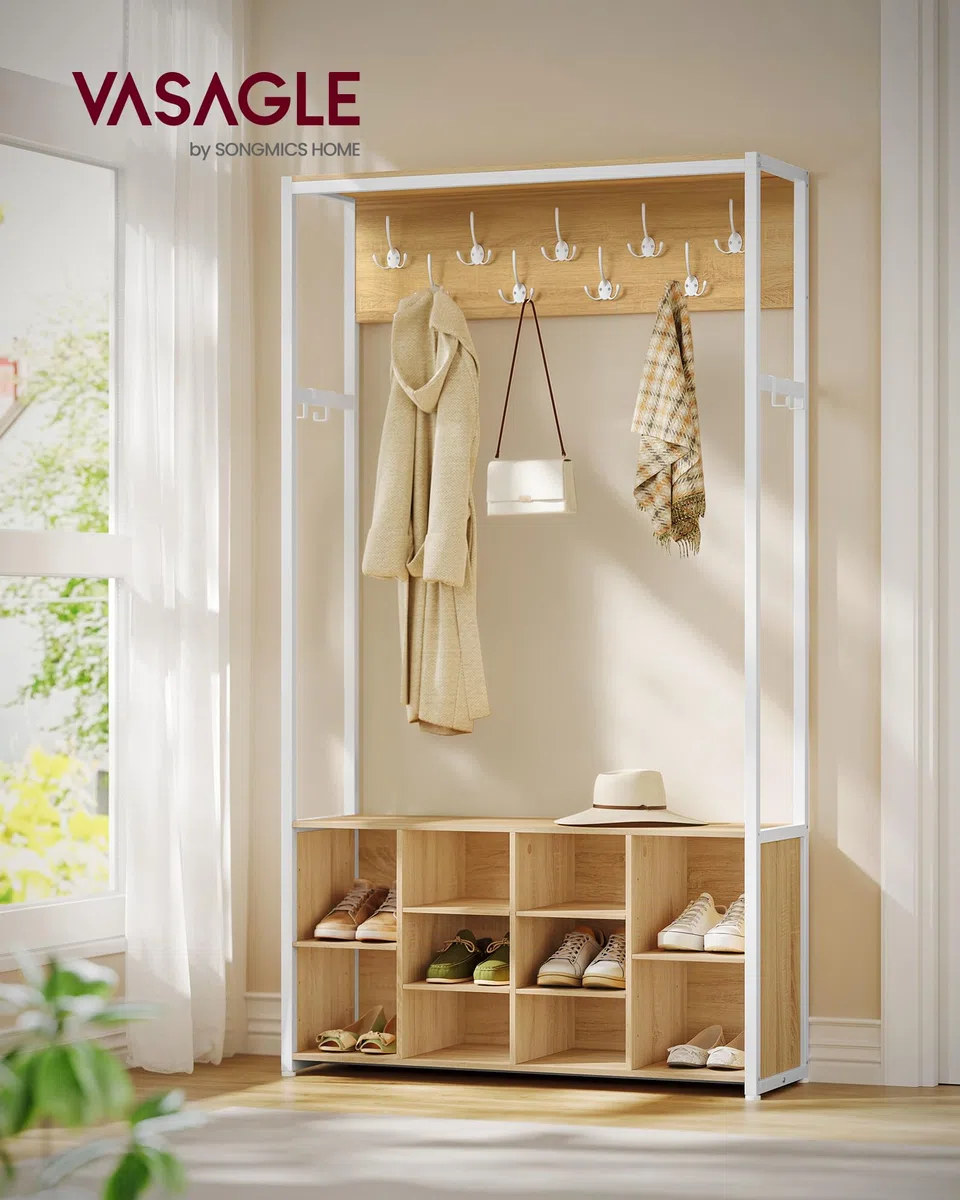 VASAGLE Kleiderständer, Garderobe, Eingangsmöbel mit Schuhregal, offene Fächer, Kleiderhaken, verstellbare Ablagen, modern, für Flur, Eingangsbereich, eichenfarben-weiß HSR432YA01