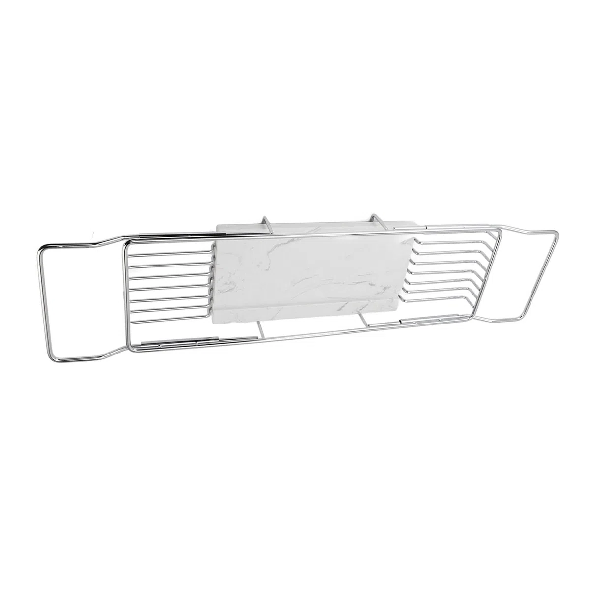 Badewannenablage, rutschfest, Multifunktional, Platzsparend, Erweiterbar, Edelstahl-Marmor-Badewannenregal, Modisch für Männer für Badezimmer (Silber Weiss)