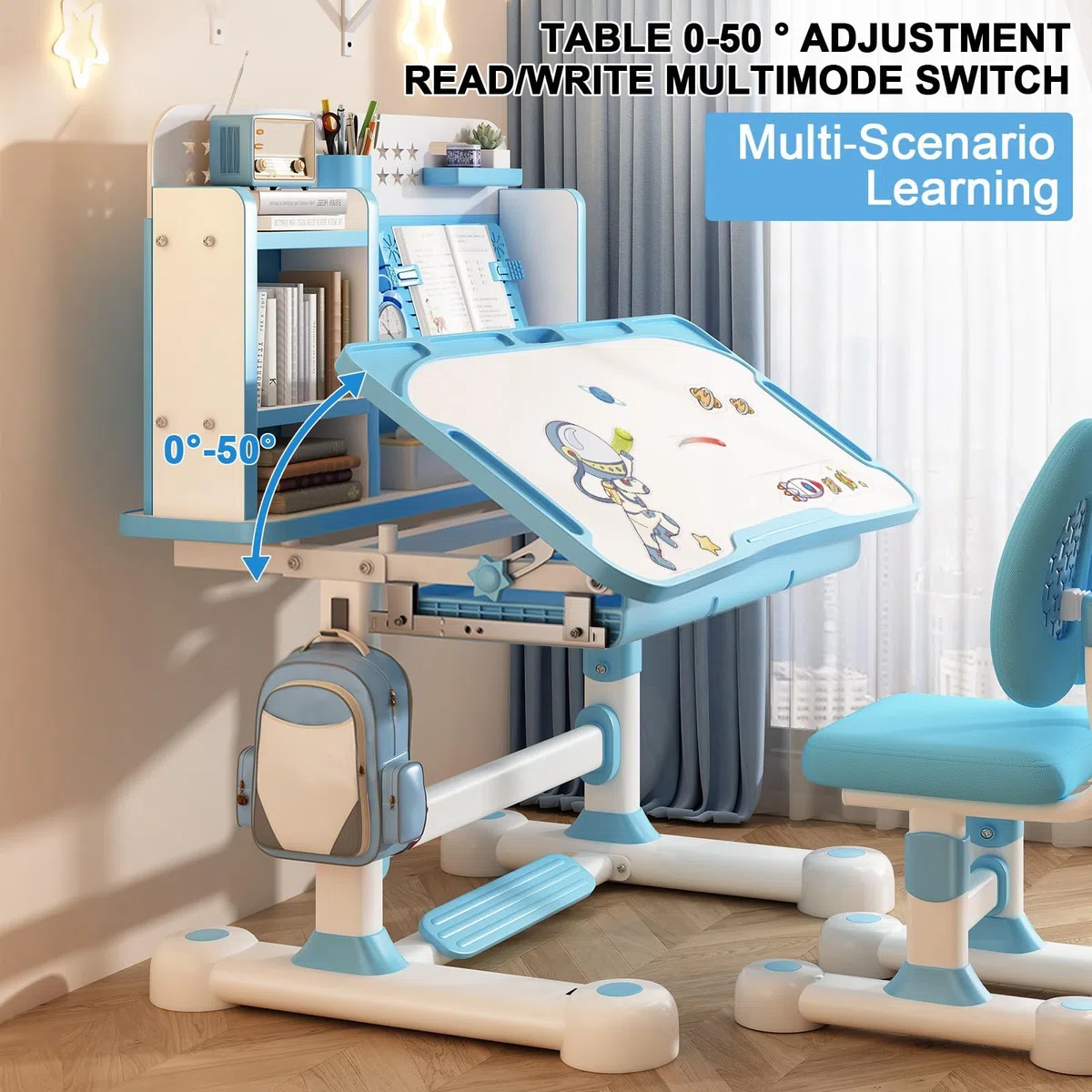 Altsuceser Kids Study Schreibtischstuhl-Set, höhenverstellbar, Kinder, Schule, Studium, Tischstuhl-Set mit Sitzkorrektur, ergonomischer Schreibtischstuhl mit Buchständer, Fußpedal, Trennwand-Design