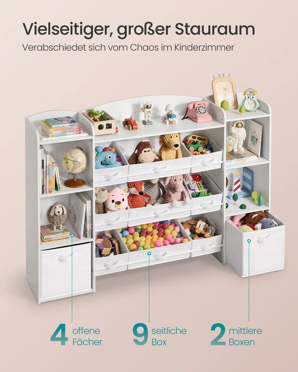 SONGMICS Kinderregal, Spielzeug Aufbewahrung, Spielzeugregal, Montessori Regal, 4 offene Fächer, 9 mittlere und 2 seitliche Boxen, für Kinderzimmer, 30 x 143,8 x 104 cm, wolkenweiß GKR062WB01
