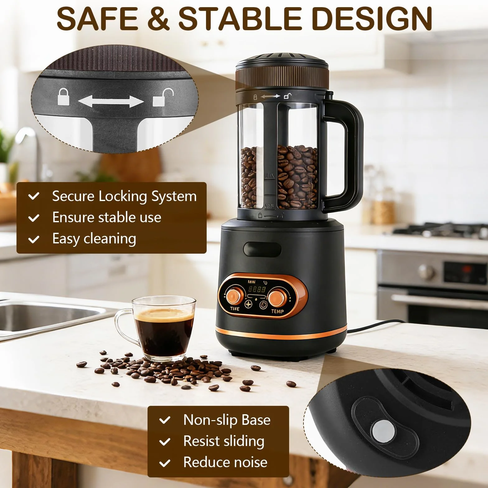 Heißluft Kaffeeröster 200g, 2200W Auto Röster Maschine für Kaffeebohnen, Geteilte Kaffeebohnentasse, Temp & Timer stufenlos regelbar, ideal für Zuhause und Café