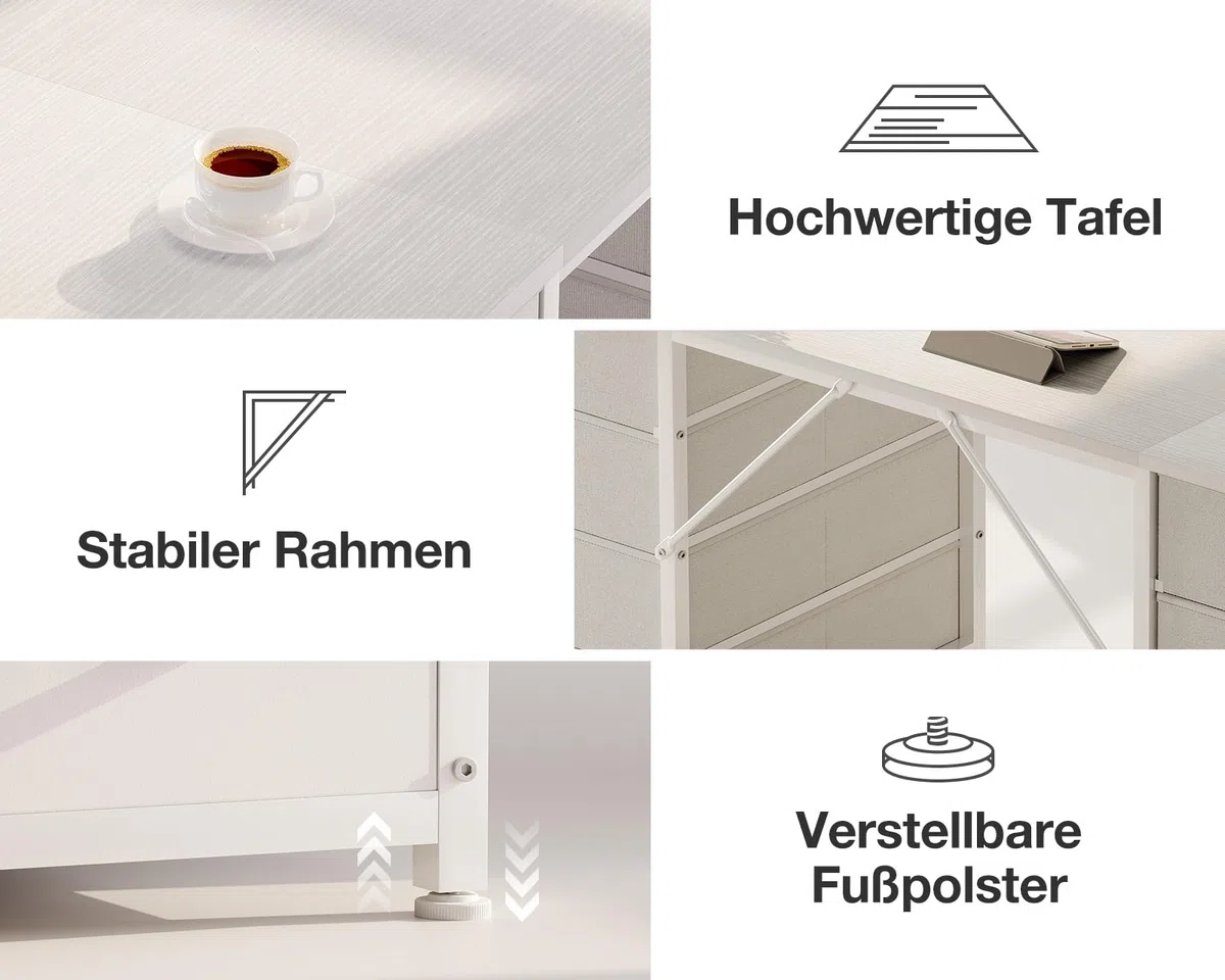 Coleshome Schreibtisch Mit 8 Stoff Schubladen, 120x48cm Schreibtisch Weiß Mit Stauraum Computertisch Vielseitg, Bürotisch PC Tisch Officetisch Für Büro, Wohnzimmer, Home Office