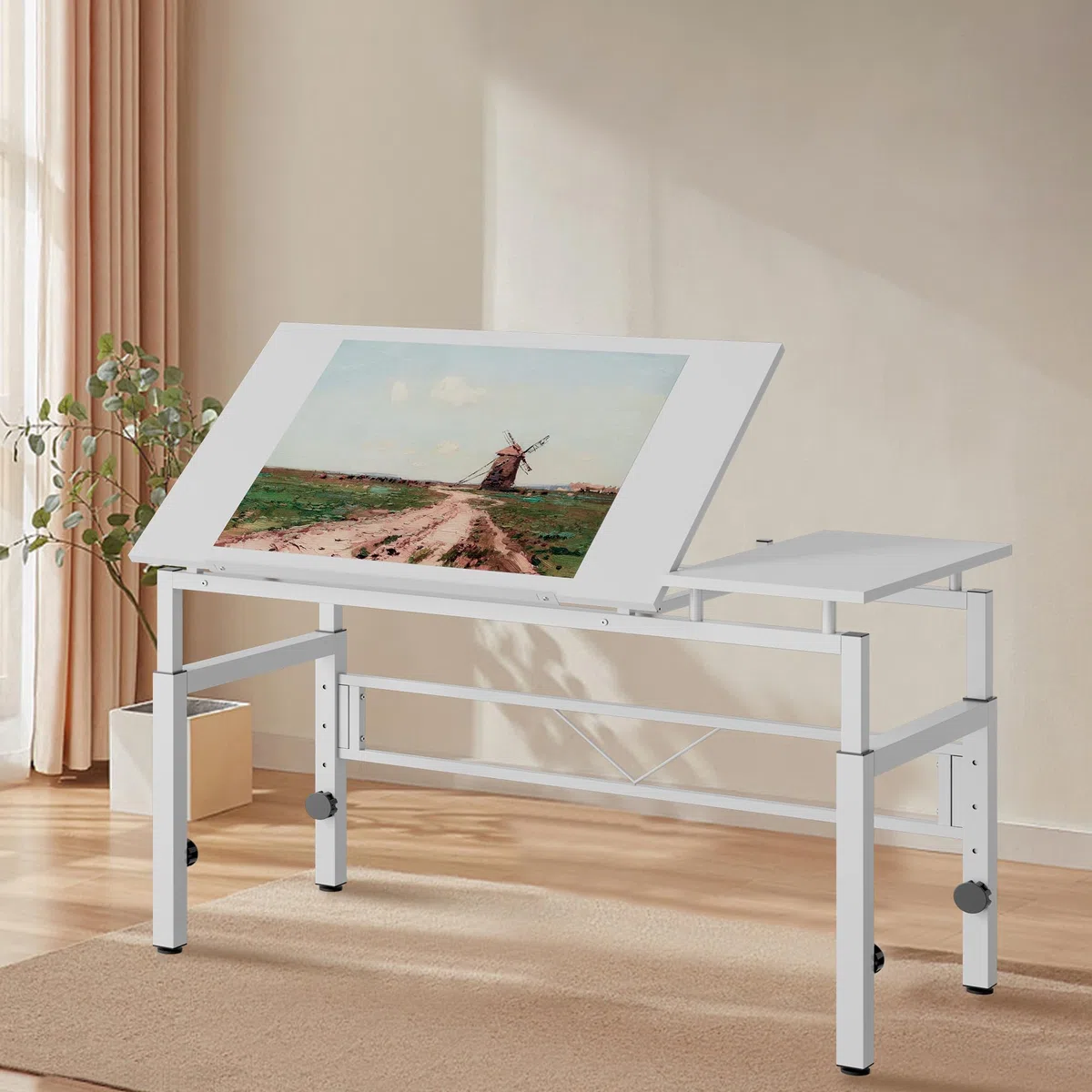 Zeichentisch mit 4 Nivellierfüßen, Schreibtisch mit Verstellbarer Tischplatte(0-60 Grad), Architektentisch, Schülerschreibtisch für Techniker, Architekten, 120x60x77-100cm, Weiß