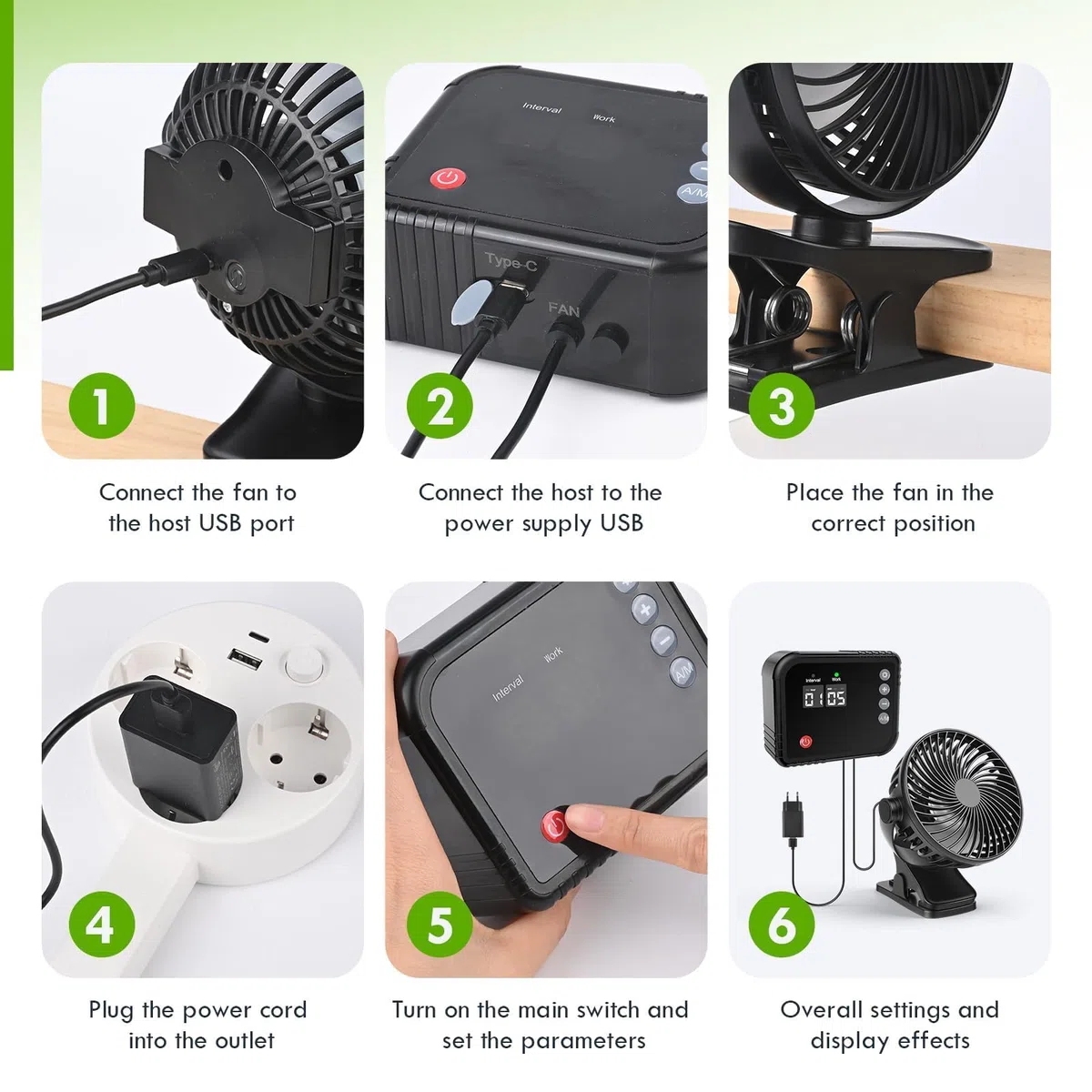 Growbox Ventilator mit Timer, 360° Umluftventilator für Pflanzen, LED Display, 1–60 Min Laufzeit & 1–24 Std Intervall, 2,9 m Kabel, Pflanzenventilator für Gewächshaus, Terrarium und Kleintiergehege
