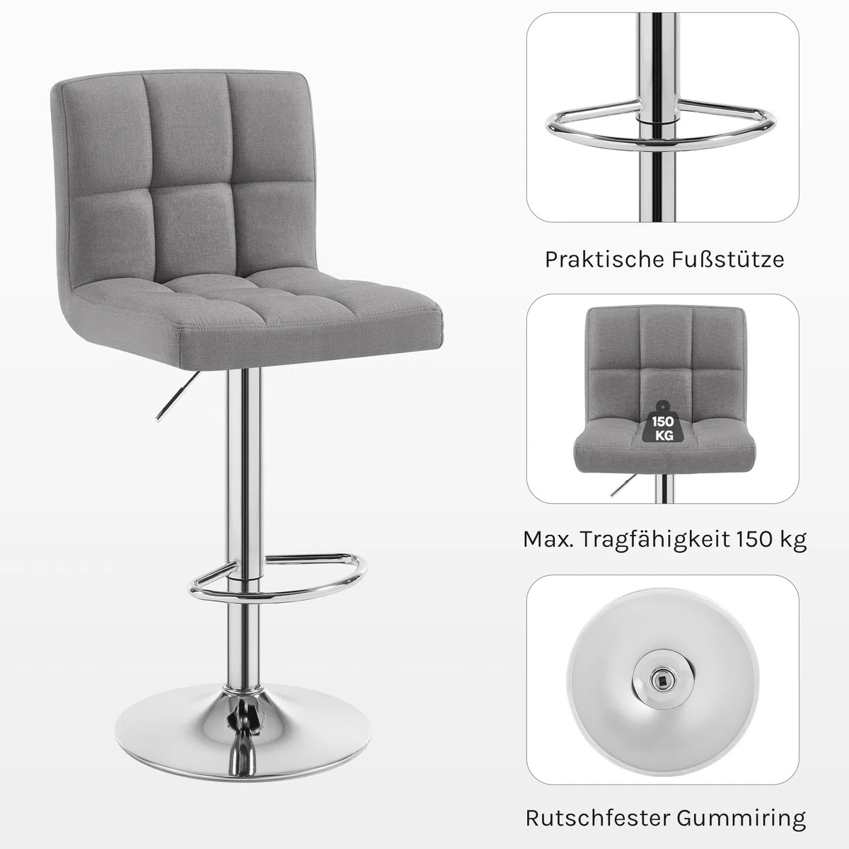 WOLTU Barhocker 2er Set Barstühle HellGrau, Höhenverstellbar, Drehstühle, Küchenstühle mit Rückenlehne und Fußstütze, Robuster Metallrahmen, gemütliche feines Leinen weiche Sitzfläche