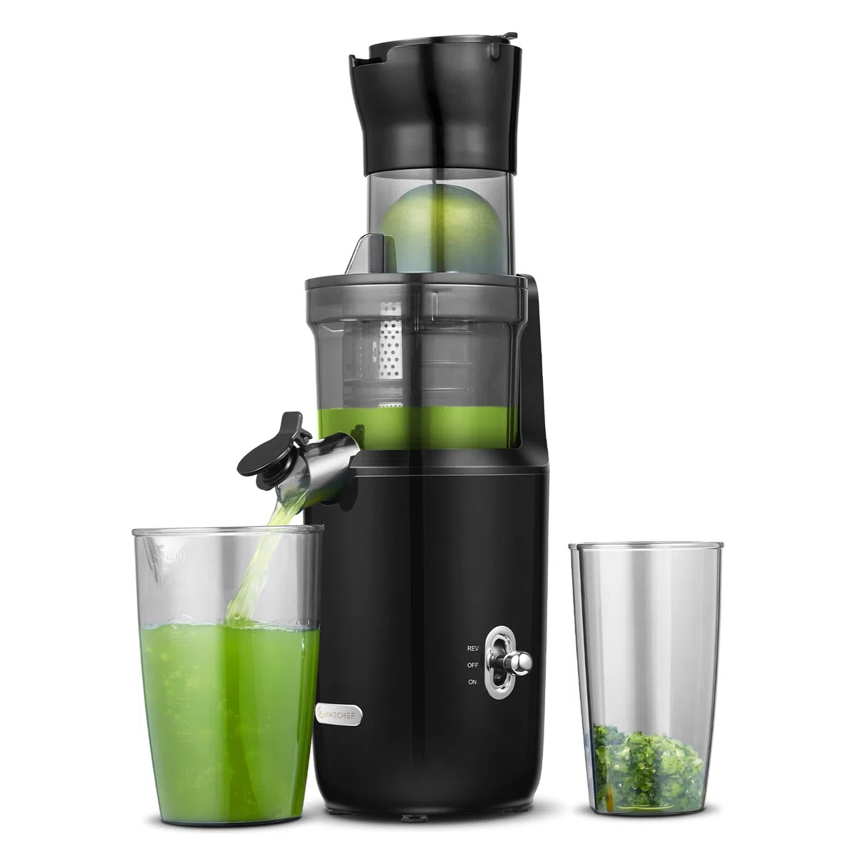 AMZCHEF Ganzfrucht Entsafter - 80MM große Öffnung Slow Juicer - Entsafter Gemüse und Obst Testsieger mit Verbesserter Schnecke, Doppelschicht Filter, Retro Kippschalter, Leiser Motor - Schwarz