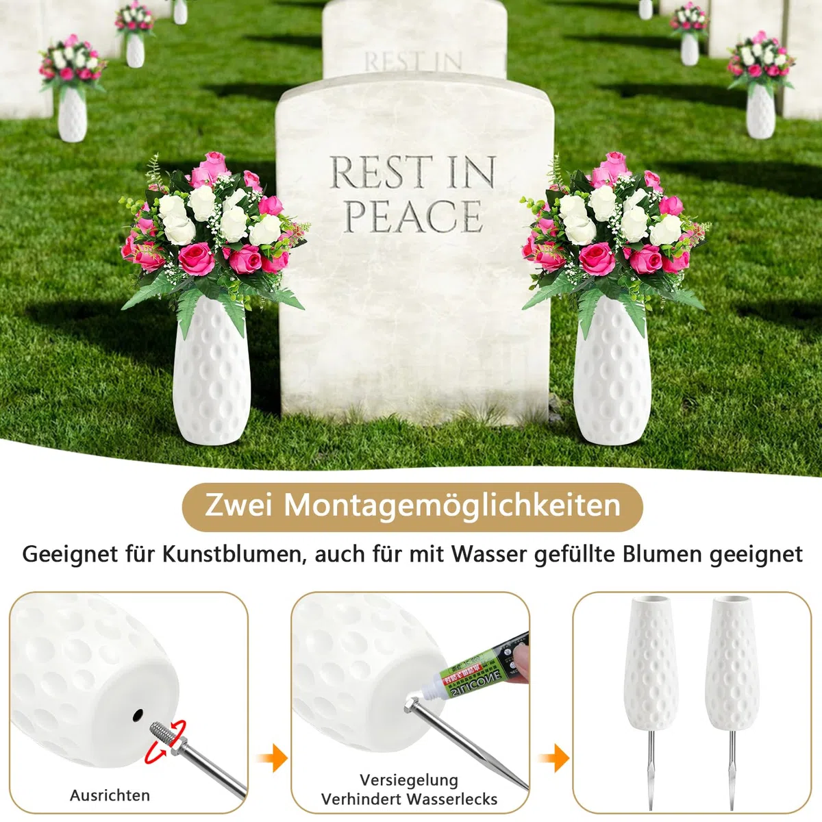 Grabvase mit Erdspieß 2Stk Grabvasen zum Stecken Friedhofsvase Einsatz Grabvase mit Sockel Vaseneinsatz Friedhof Friedhofsvasen Kunststoff Gedenkvasen für Gedenkgeschenke Grabdekoration