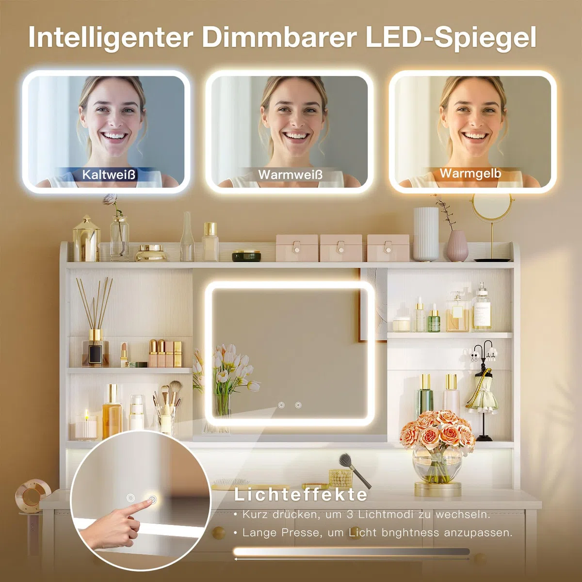 ODK Schminktisch mit Bewegbarem LED-Spiegel, Eingebauten USB-Steckdosen & RGB-Lichtleiste, 8 Schubladen, Weißer Schminktisch 110×40×137cm