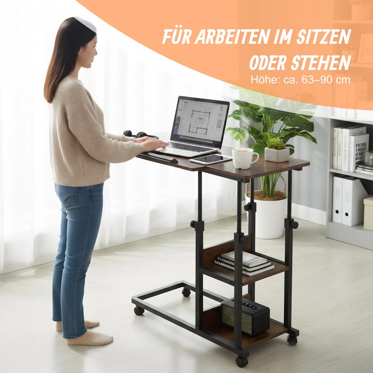 Relaxdays Laptoptisch, 63–90 cm höhenverstellbar, neigbar, Beistelltisch mit Rollen, 2 Ablagen, C-Form, braun/schwarz