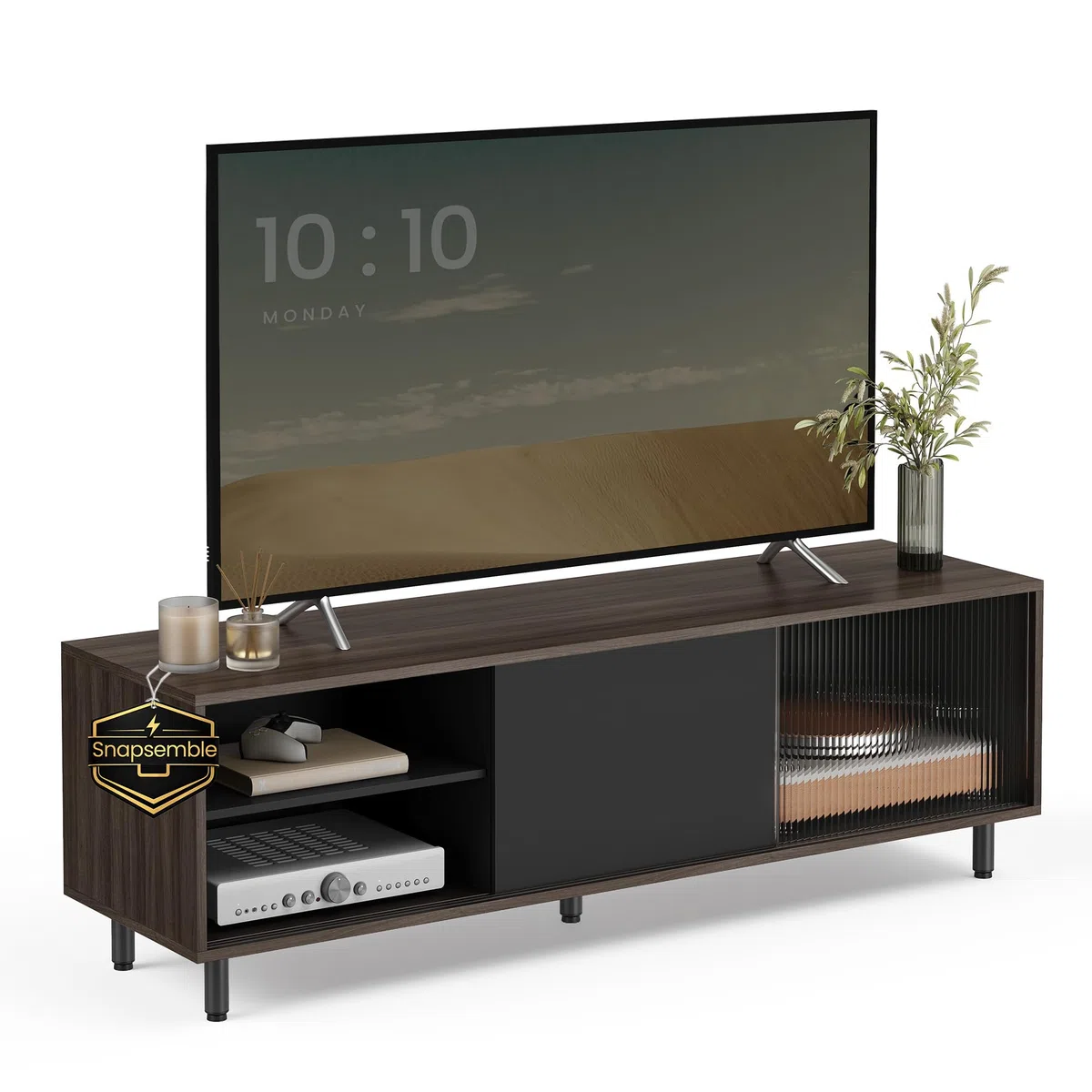 VASAGLE TV-Schrank Lowboard, Snapsemble – superschnelle Montage, Fernsehtisch für Fernseher bis 32/45/50/55/60 Zoll, Modernes Design, Wohnzimmer, Riffelglas, 140 x 39 x 45 cm, Schwarz LTV466K02