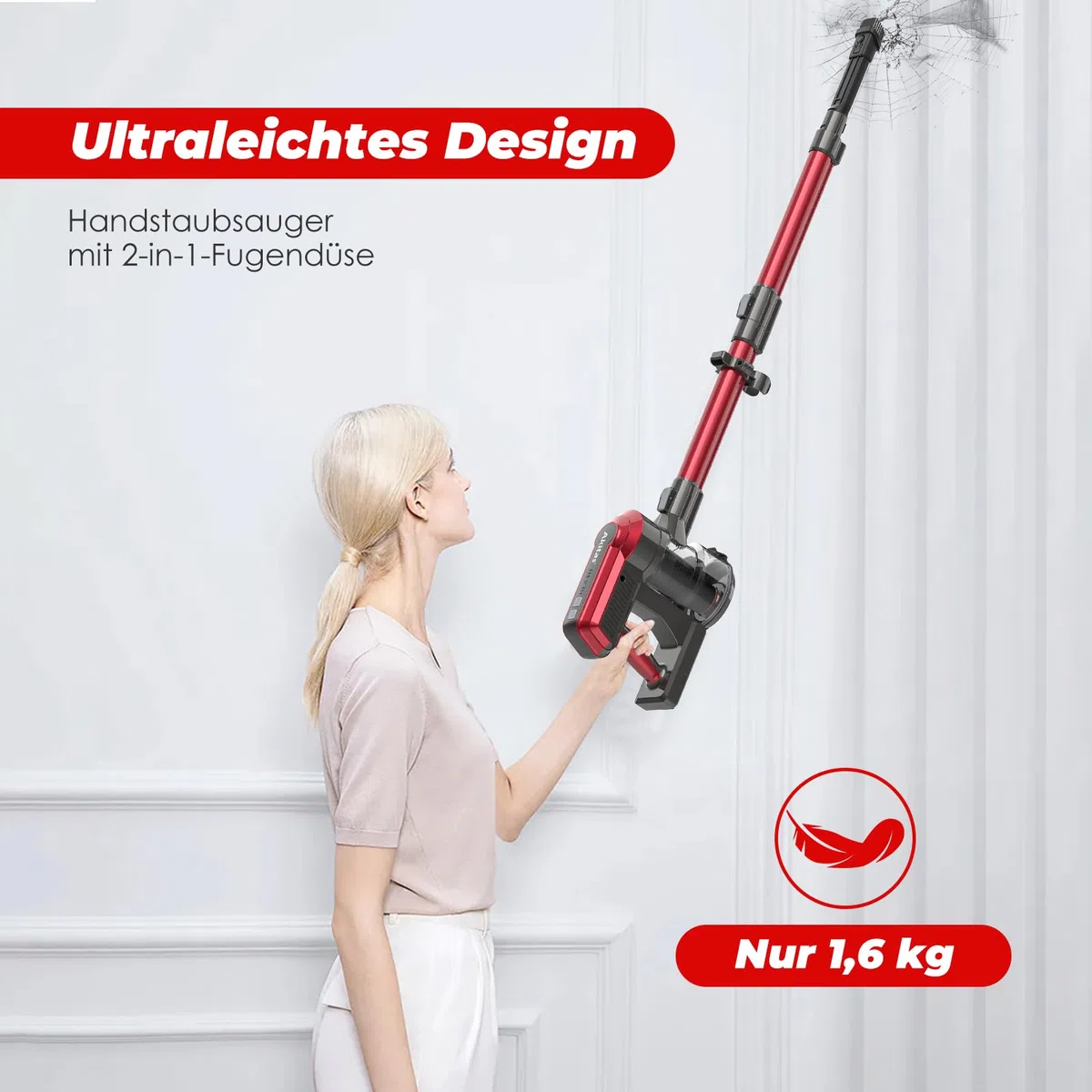 Akitas V10A Akku Staubsauger Kabellose mit 450W BLDC-Motor, 45kPa Saugleistung, 60 Min Laufzeit, LED-Bürste mit grünem Licht, Anti-Verhedderung, ideal für Teppiche, Hartböden & Tierhaare